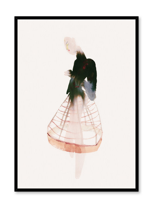 Fashion painting by Opposite Wall of a stylish woman wearing a black turtleneck shirt and a see-through crinoline skirt.