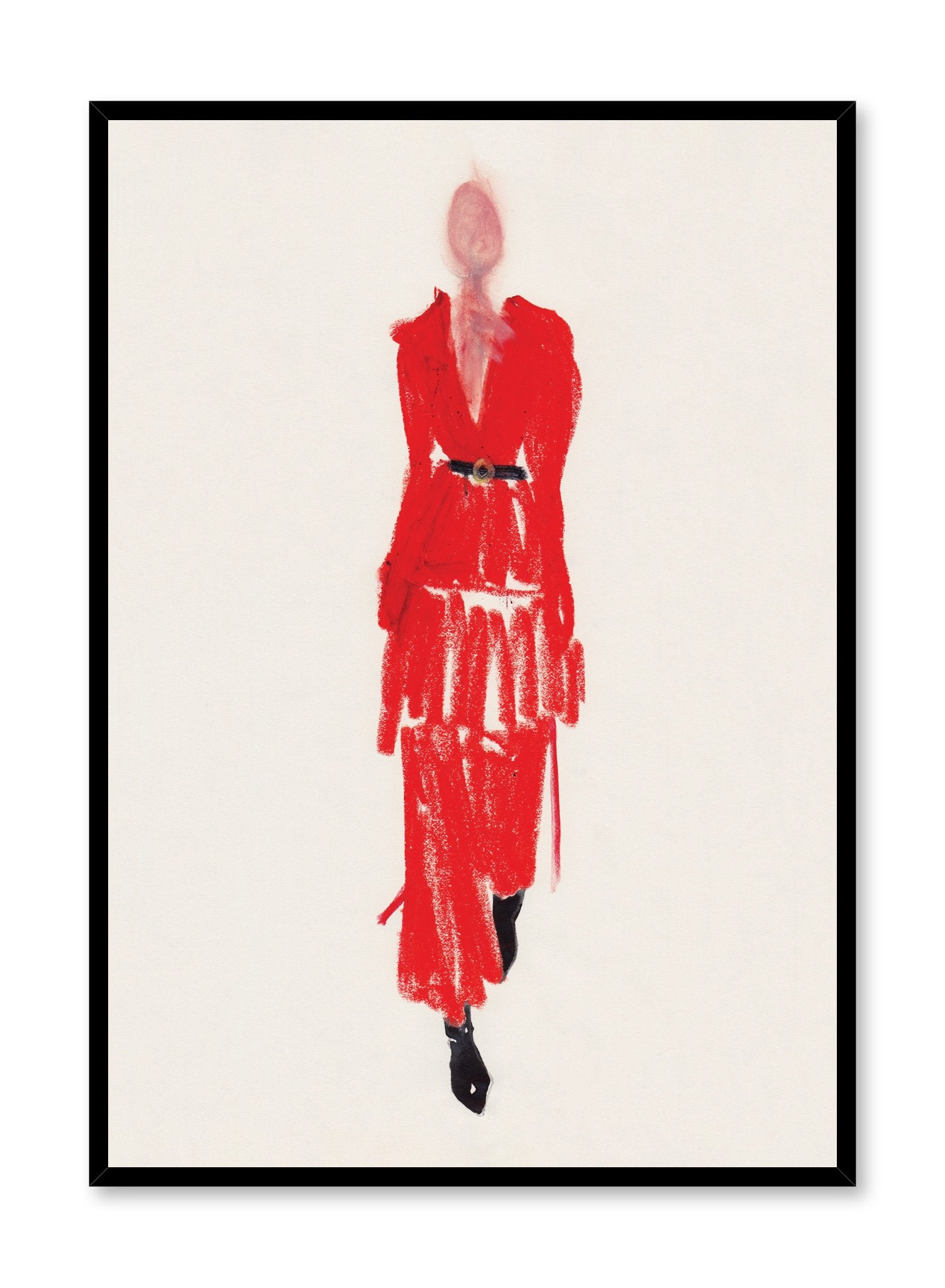 Abstract fashion print by Opposite Wall of a minimalist model wearing a stunning long-sleeved red dress with a black belt and black shoes.