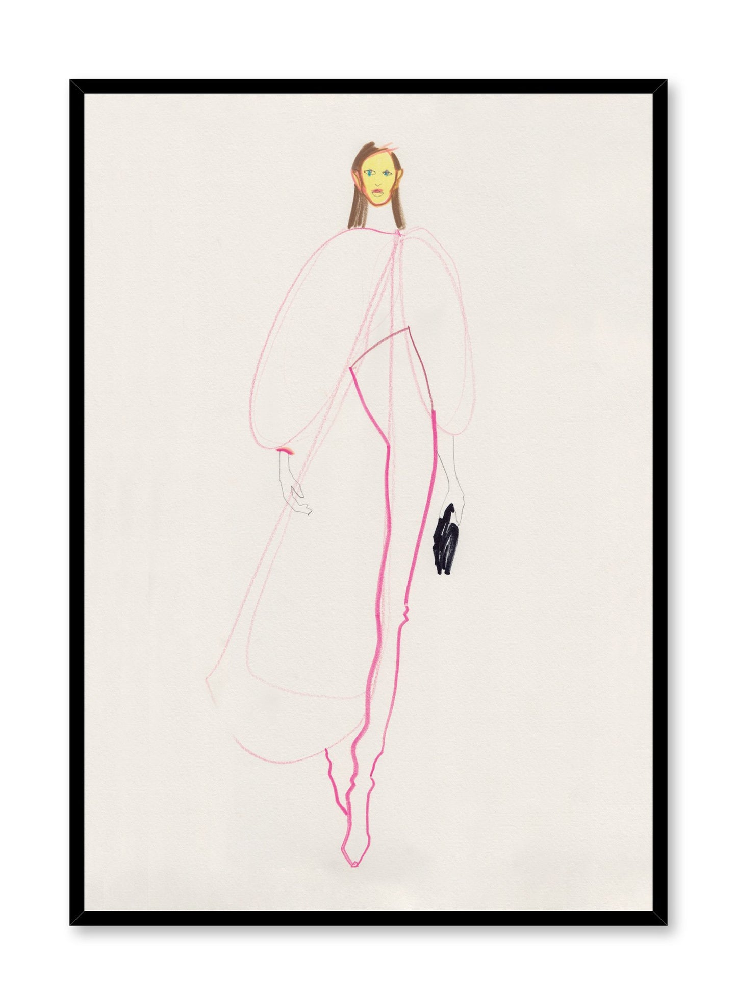Minimalist fashion print by Opposite Wall of a tall model character wearing a white flowy jacket and white pants outlined in pink.