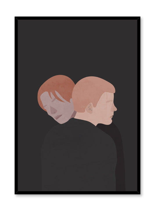 Minimalist and romantic illustration poster by Opposite Wall of couple hugging in black and beige.
