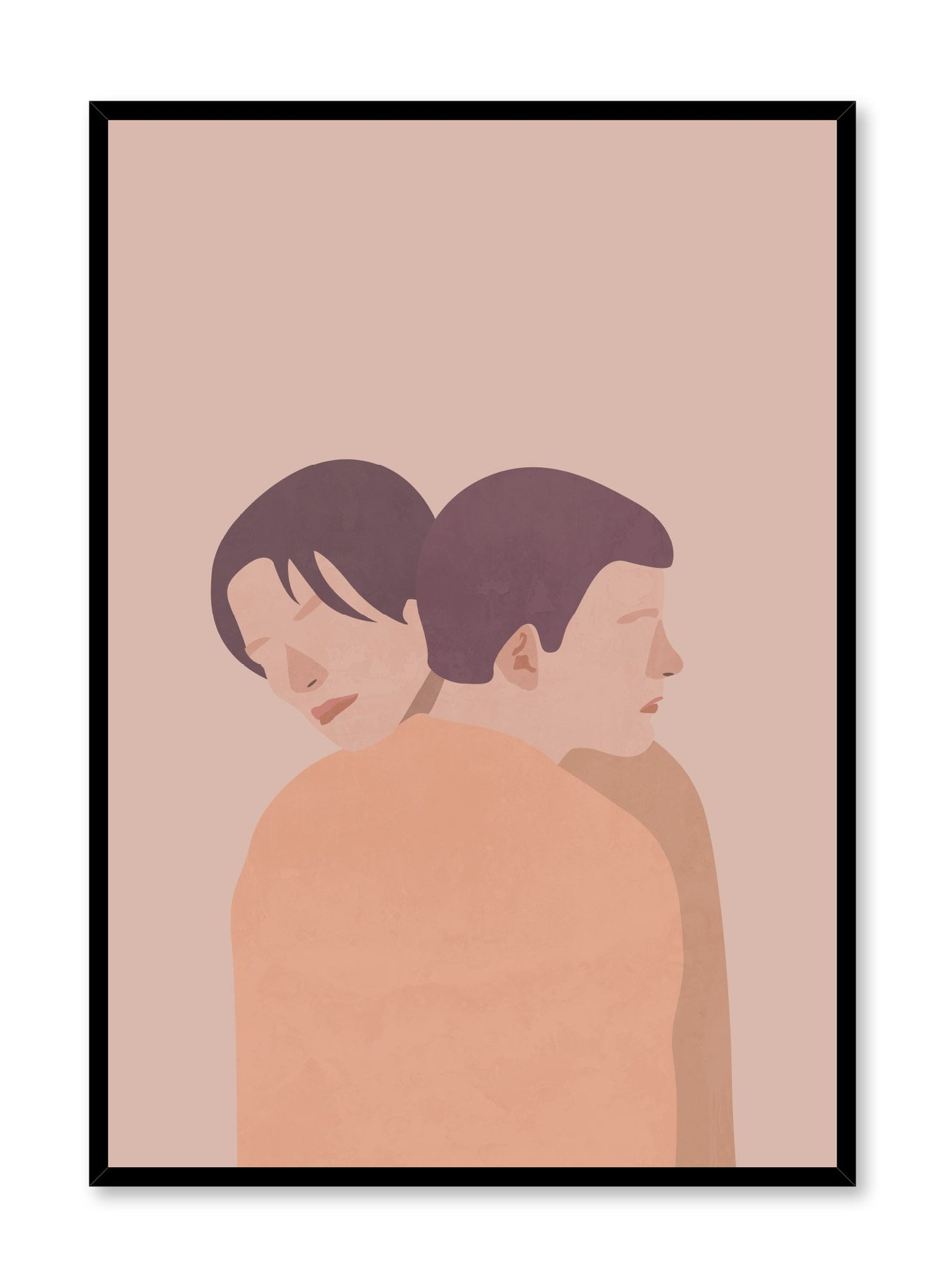 "Proximity in Beige" is a minimalist and romantic illustration poster by Opposite Wall of couple hugging lovingly in shades of beige, brown and orange.