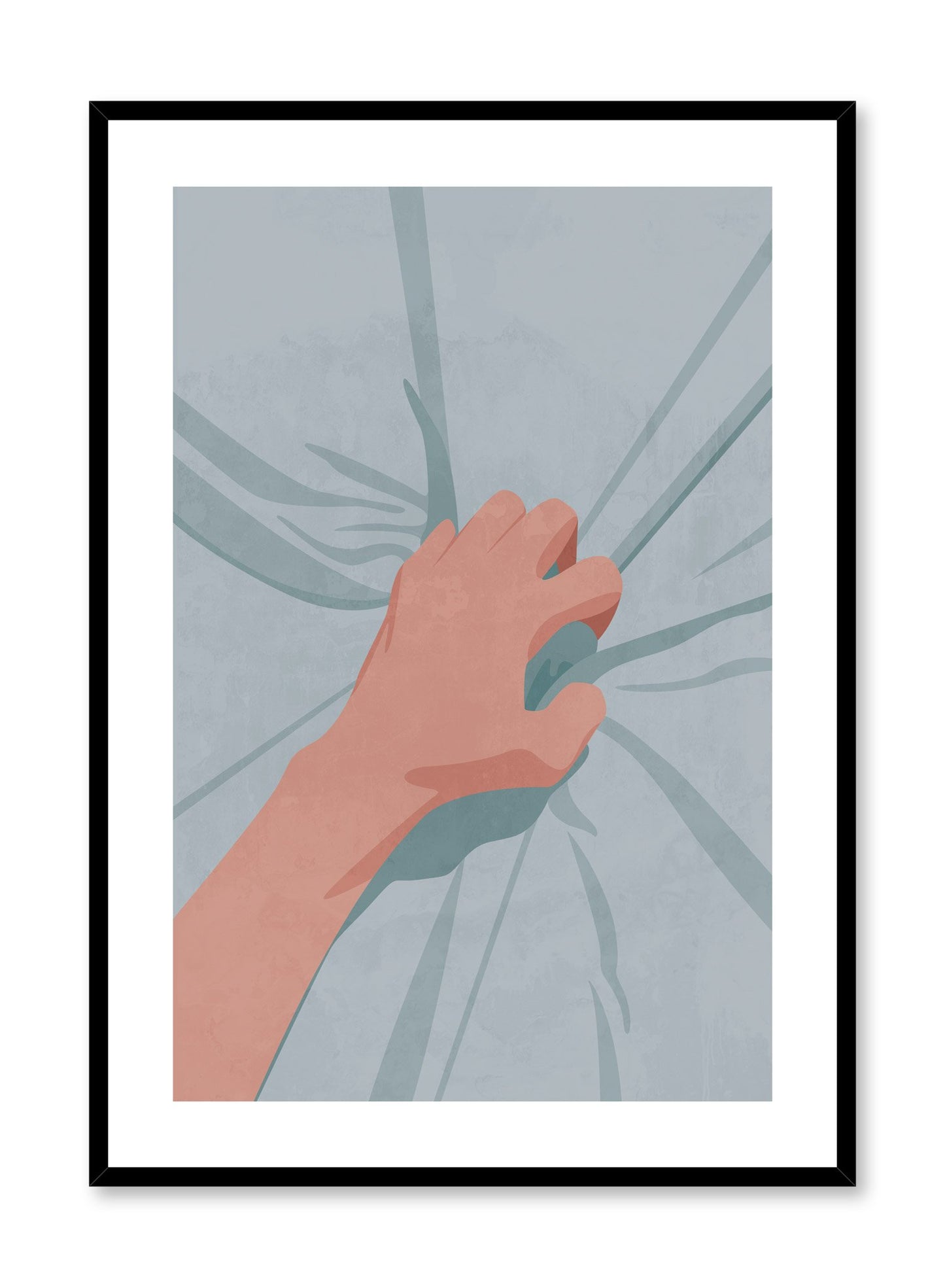 "Spasm" is a minimalist and sensual illustration poster by Opposite Wall of a hand grabbing blue sheets in a moment of orgasmic pleasure. 