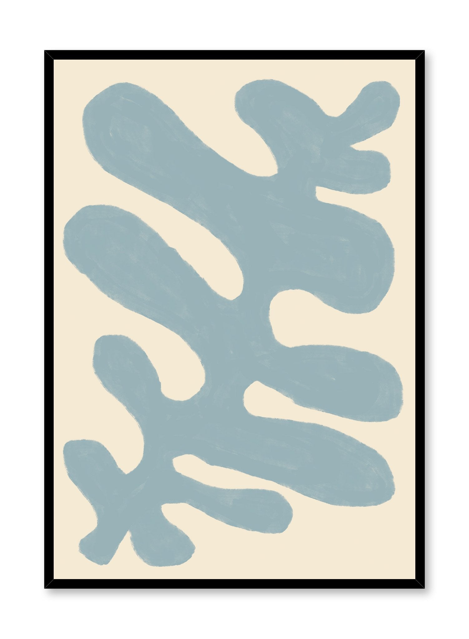 "Blue Algae" is a minimalist  botanical illustration poster by Opposite Wall of an abstract and vintage blue seaweed over a beige background. 