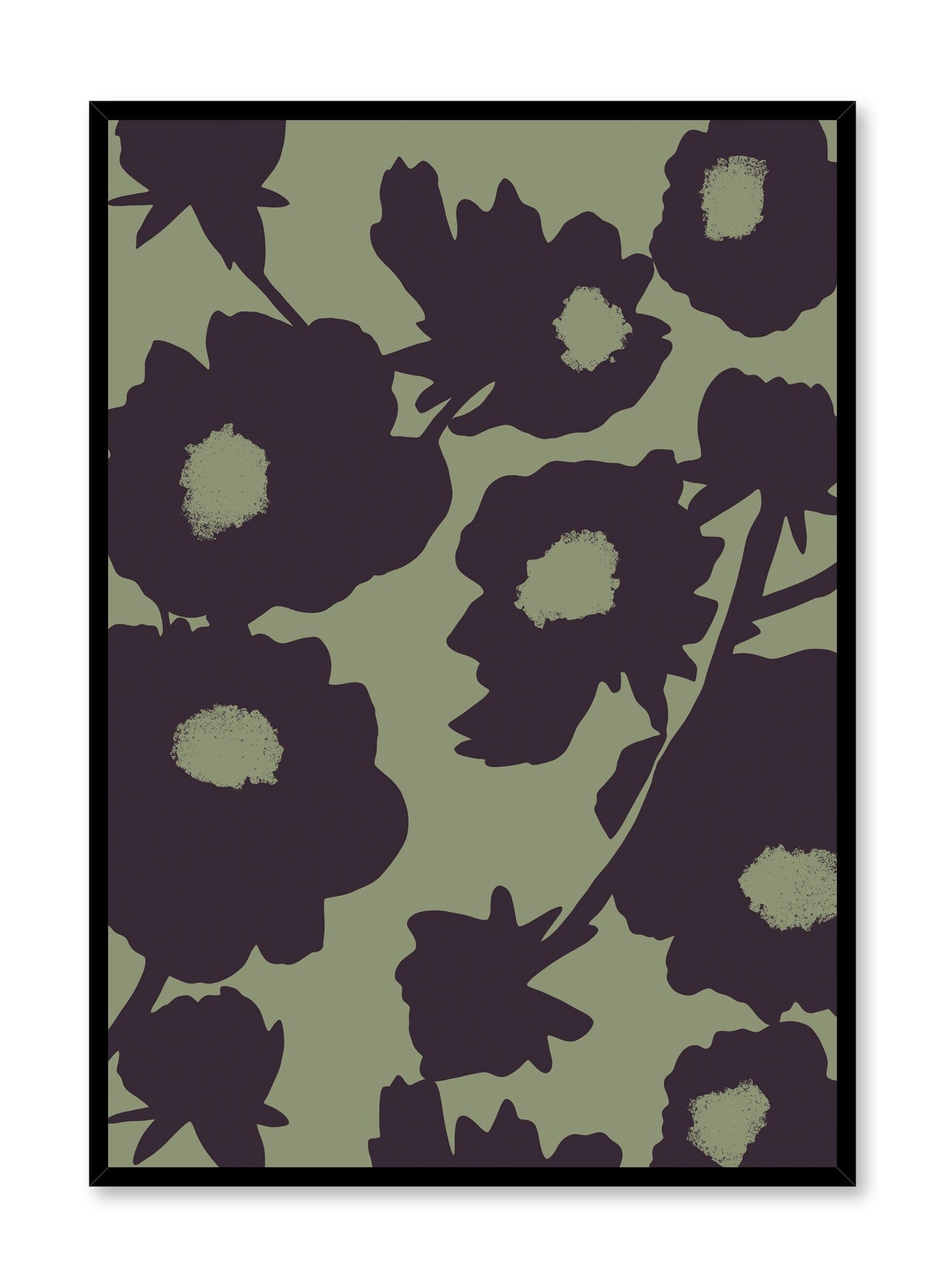 "Flower Bush in Green" is a minimalist illustration poster by Opposite Wall in black and beige of abstract flower bush inspired by French painter Henri Matisse.