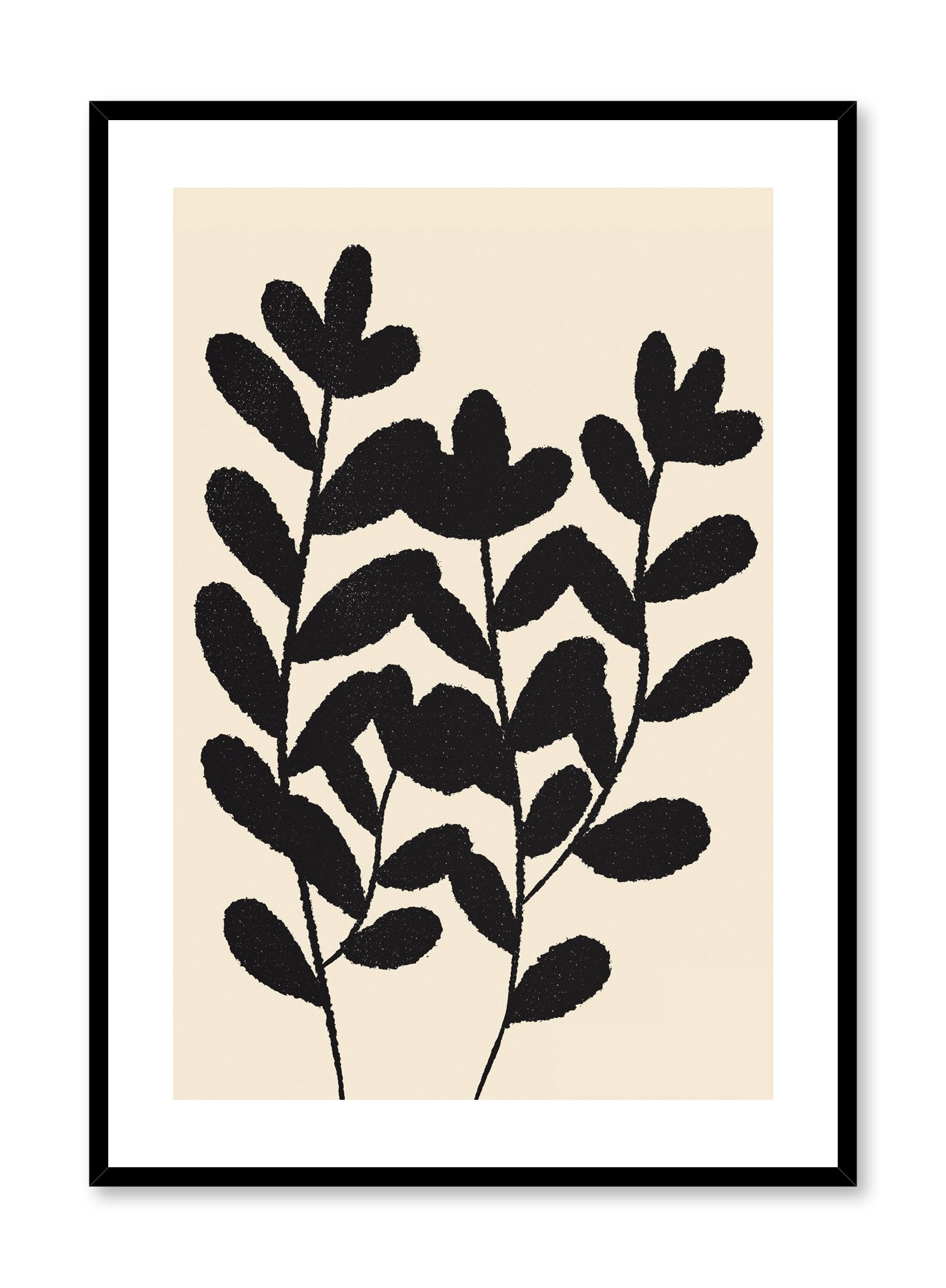 "Floral Waltz" is a minimalist  botanical illustration poster by Opposite Wall of abstract black flowers over a beige background. 
