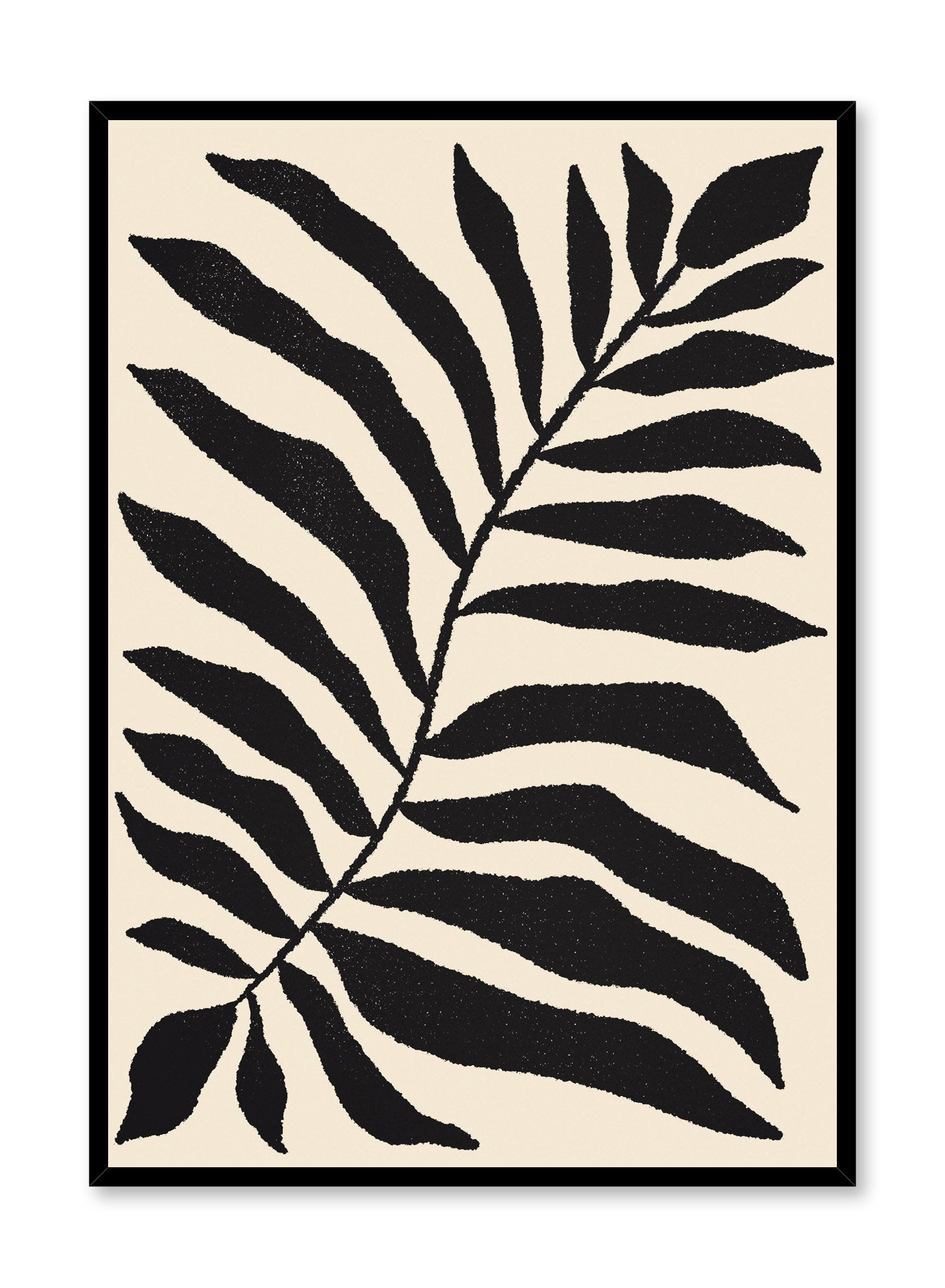 "Minimalist Fern" is a minimalist illustration poster by Opposite Wall in black and beige of an abstract black fern leaf over a beige background inspired by French painter Henri Matisse.