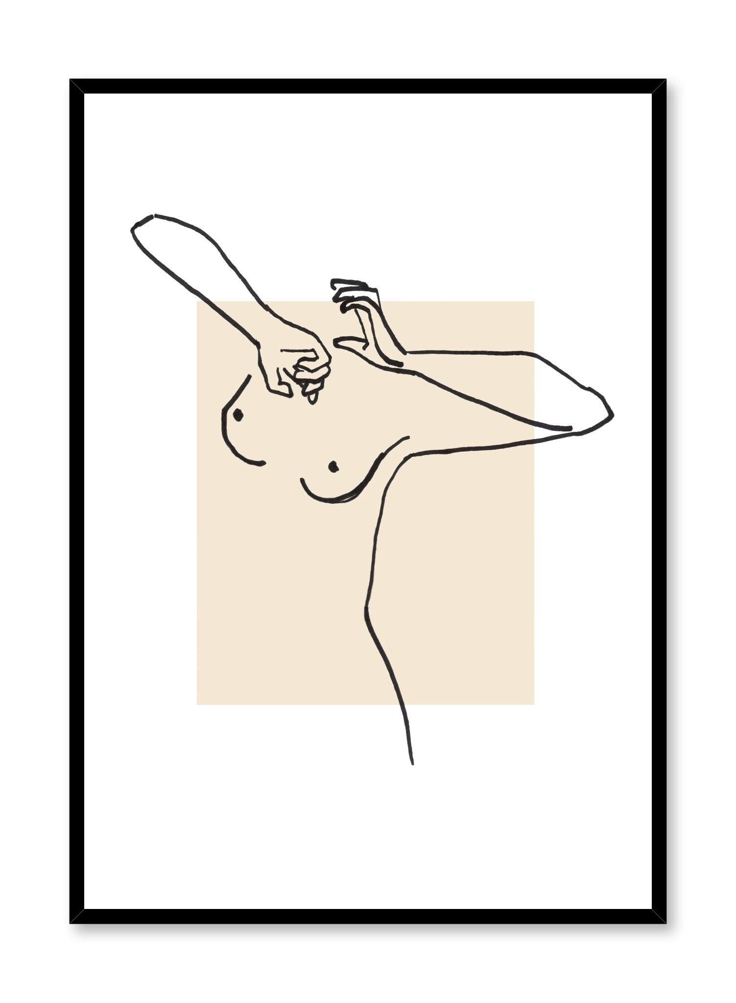 "Awakening" is a minimalist beige and white illustration poster by Opposite Wall of a line art female nude superimposed over a beige square.