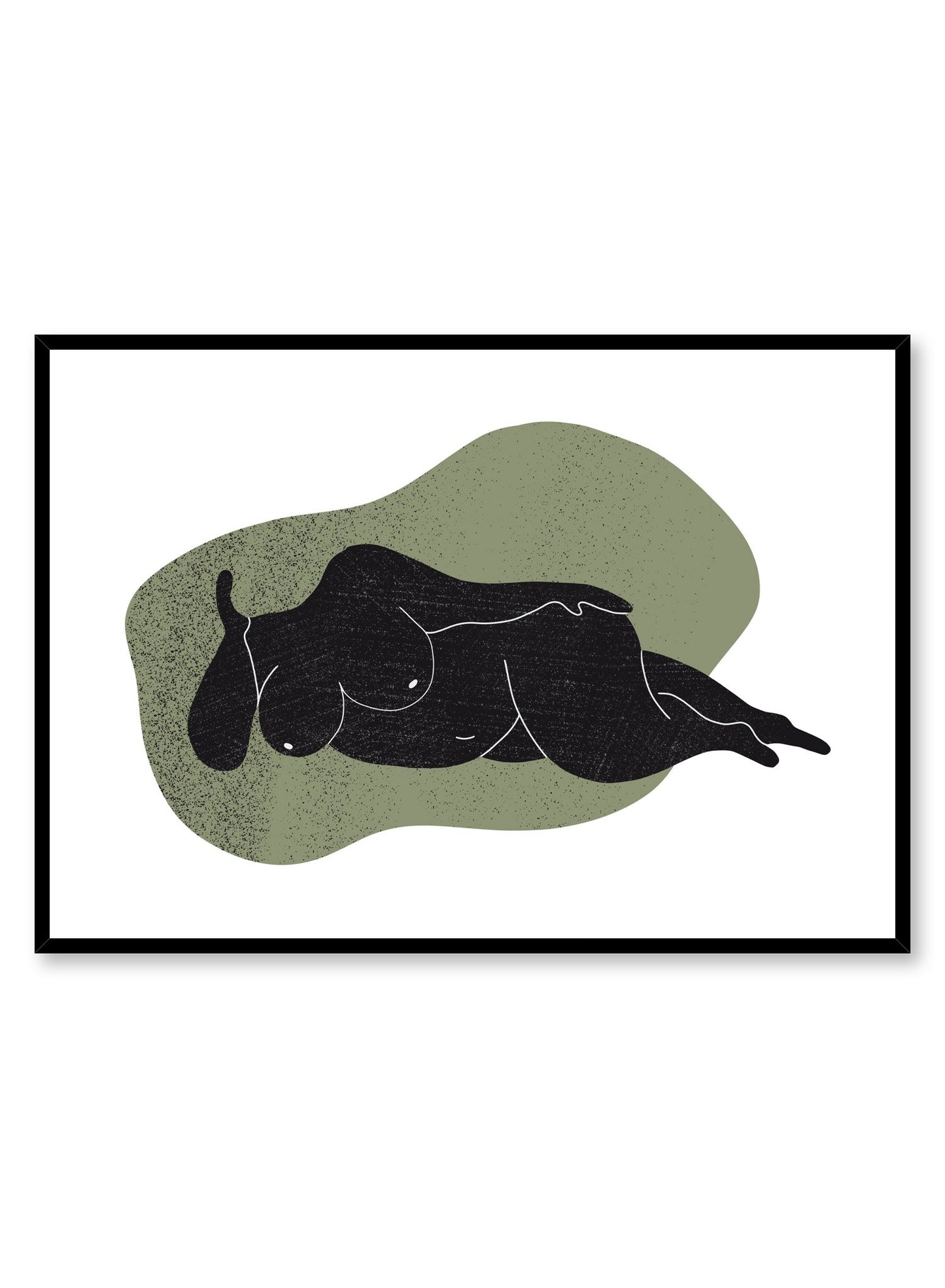 "Voluptuous Nude" is a minimalist black, green and white illustration poster by Opposite Wall of curvy and abstract female nude lying down superimposed over a white and green background. 