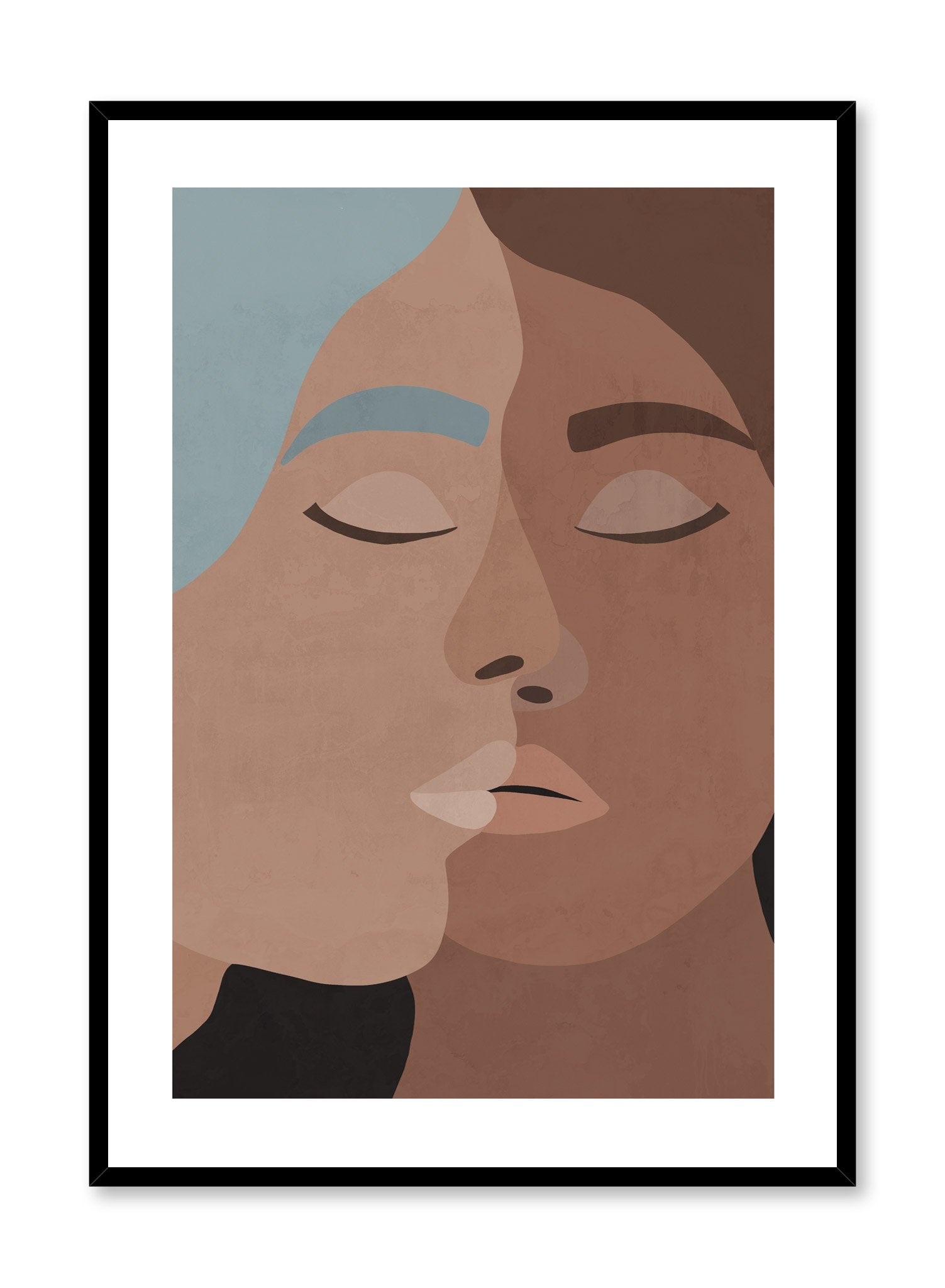 "Crossing Paths" is a romantic and minimalist blue, brown and beige illustration poster by Opposite Wall of two women kissing romantically.