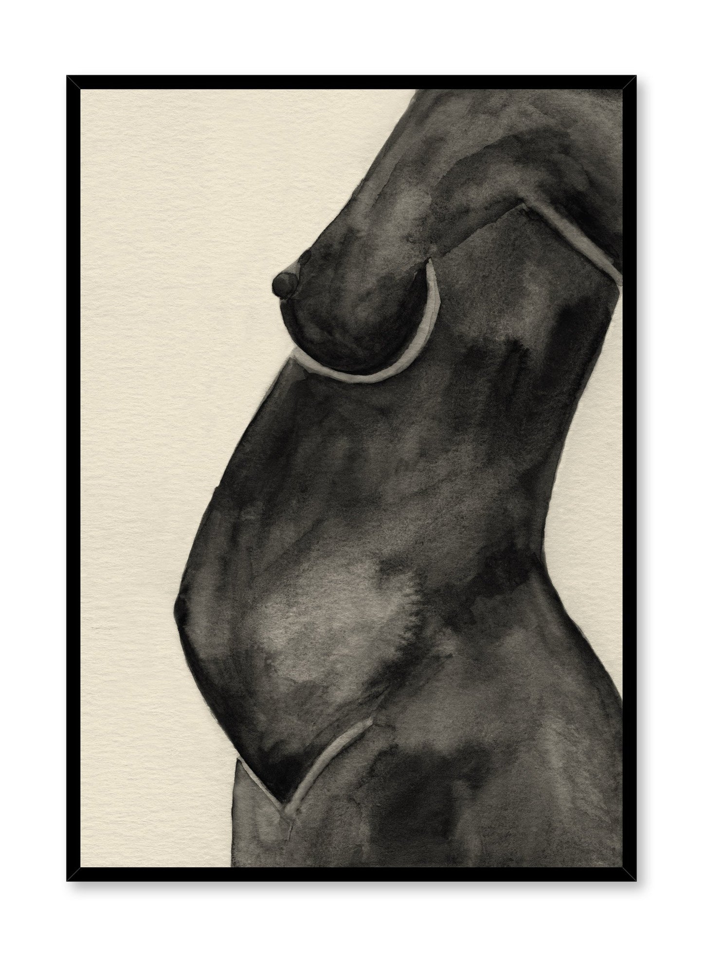 "Magnificent Mama" is a minimalist black and beige illustration poster by Opposite Wall of pregnant and abstract female silhouette over a beige background.