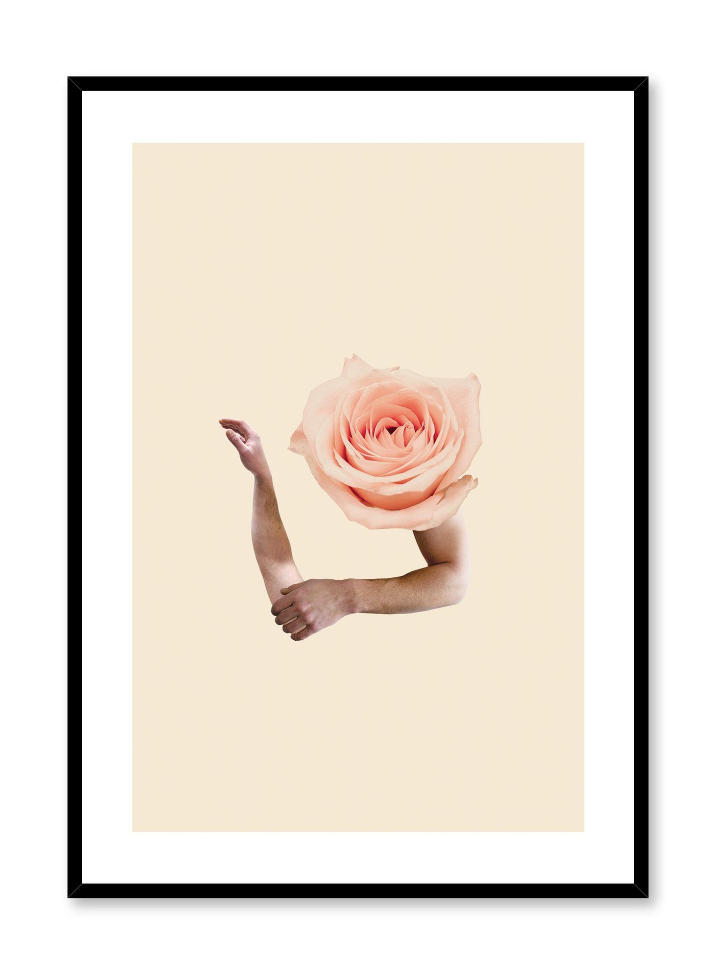 "Open Arms" is a minimalist beige and light pink collage poster by Opposite Wall of cutout arms and a baby pink rose layered over a beige background. 