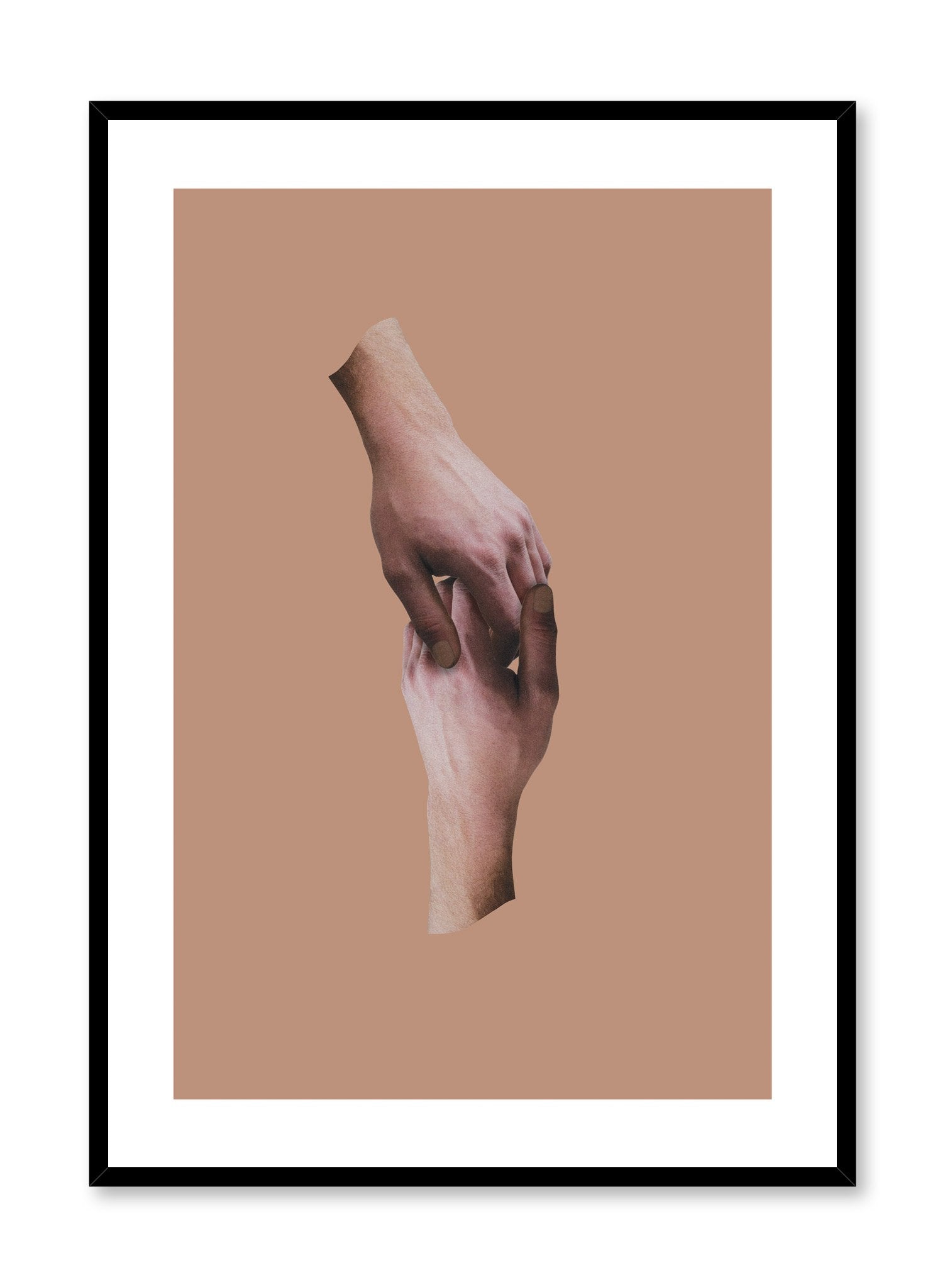"I've Got You" is a minimalist beige and brown collage poster by Opposite Wall of cutout hands holding over a light brown background. 