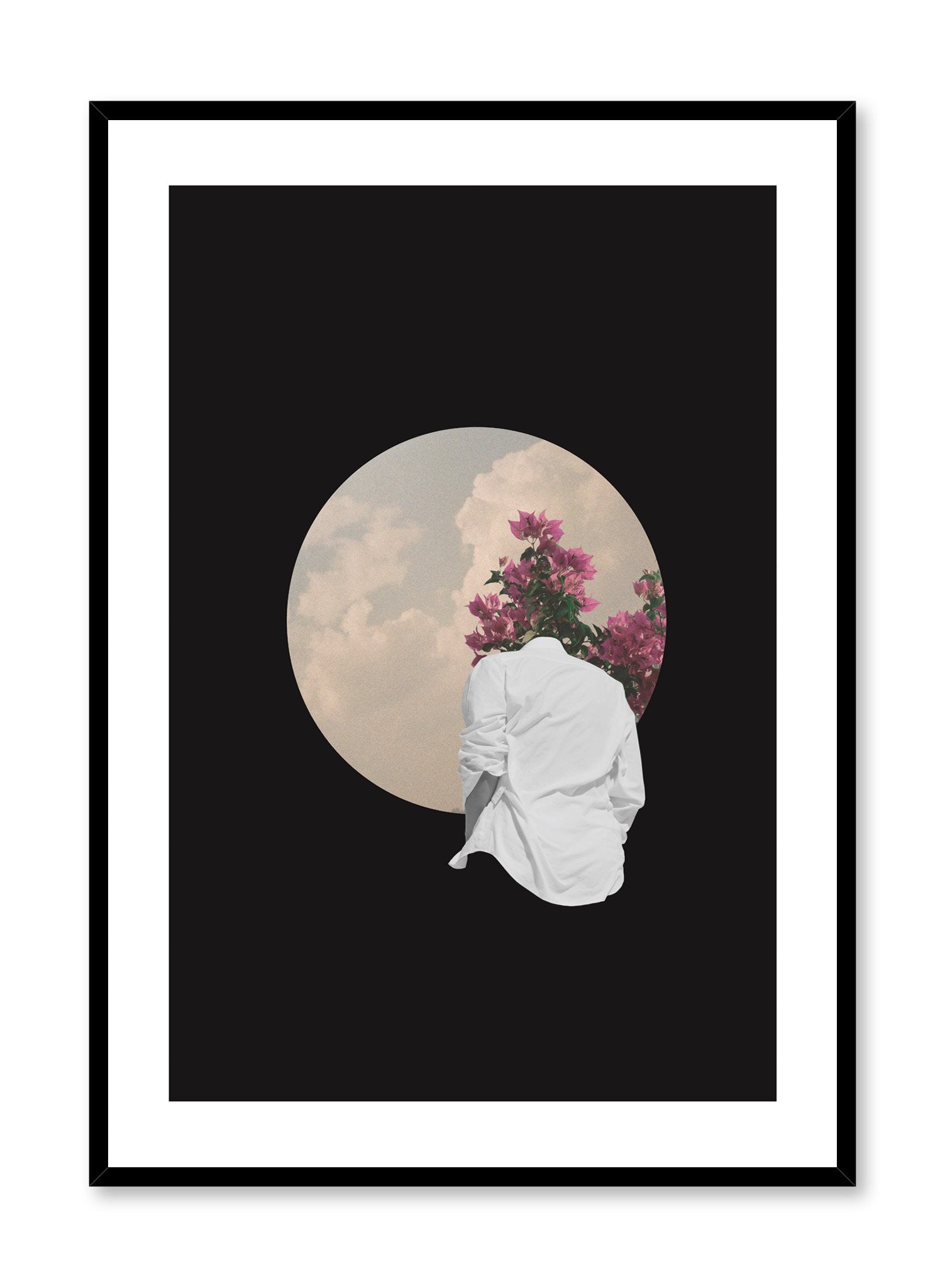 "Cloudy Reverie in Black" is a minimalist black, blue, white and pink collage poster by Opposite Wall of a cutout floral silhouette looking at a circular cloudy sky cutout over a black background.