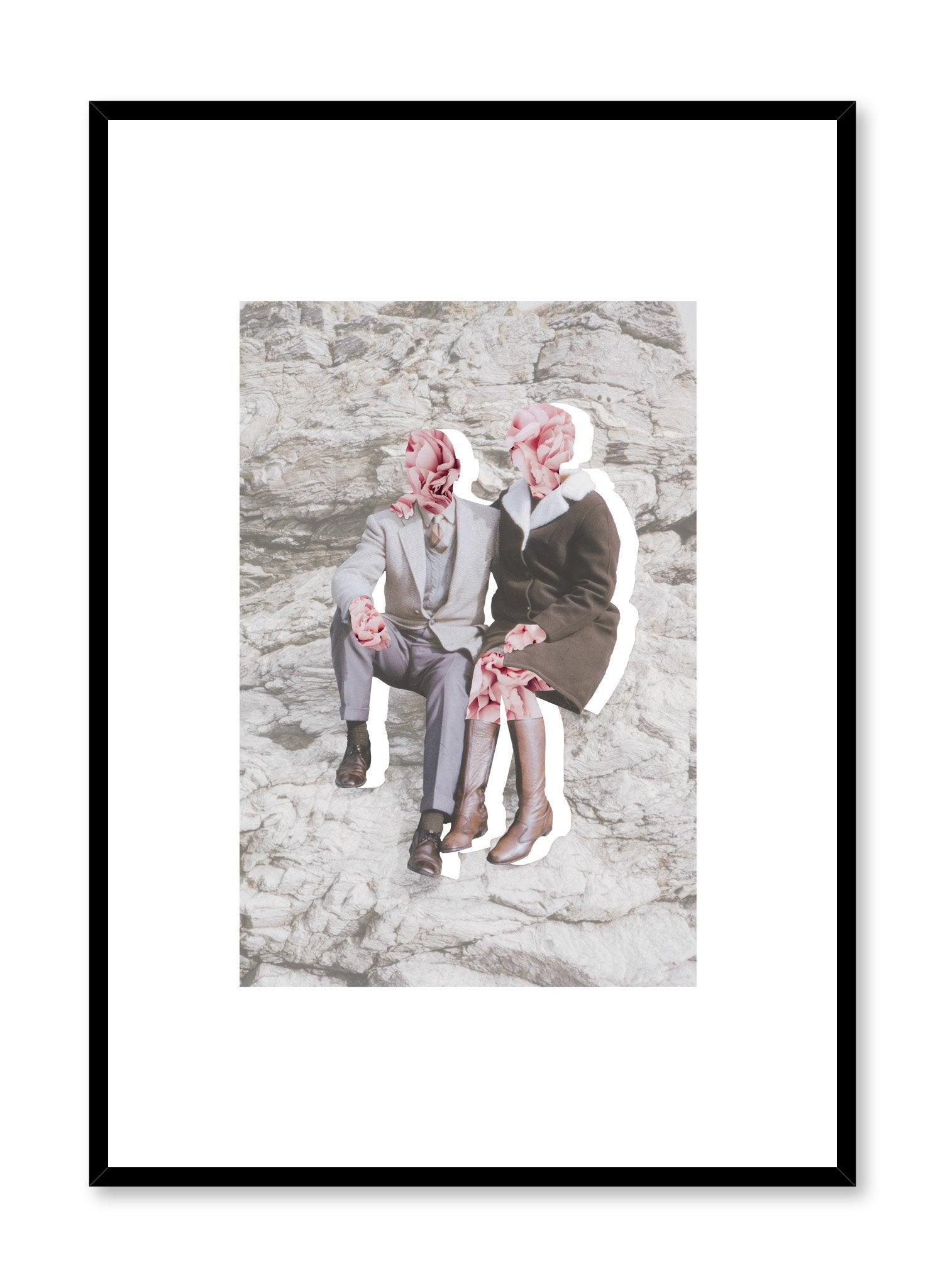 "Blooming Love" is a minimalist grey and pink collage poster by Opposite Wall of a vintage couple cutout with flower heads over a gray stone background.