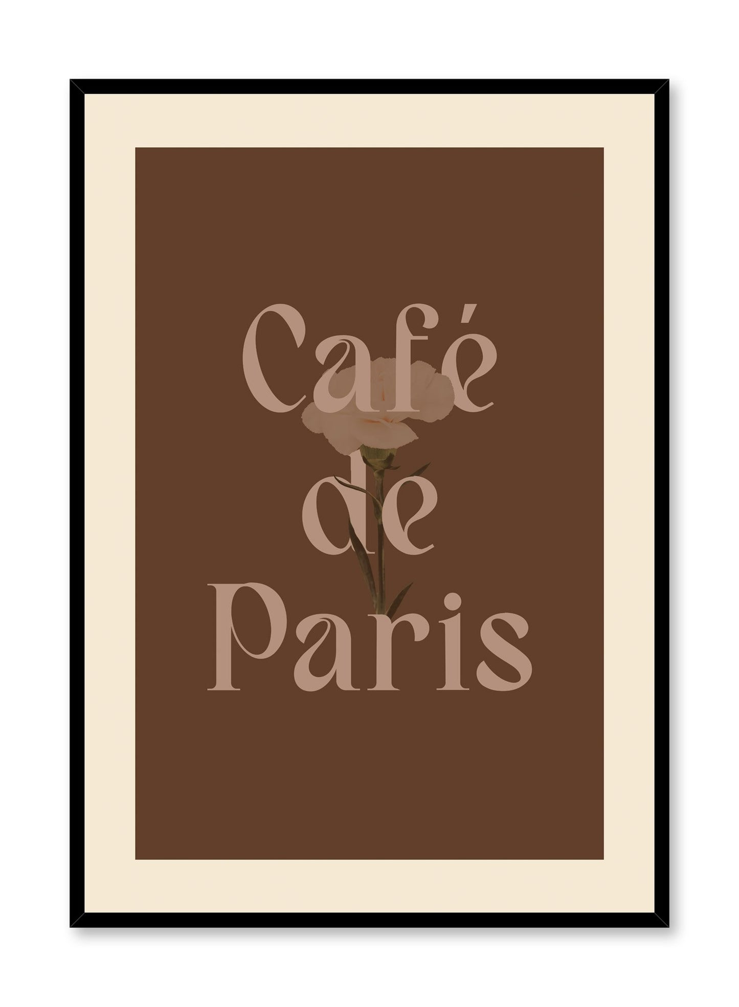 "Café de Paris" is a minimalist beige and brown typography poster by Opposite Wall of the words ‘café de Paris’ over a beige background. 