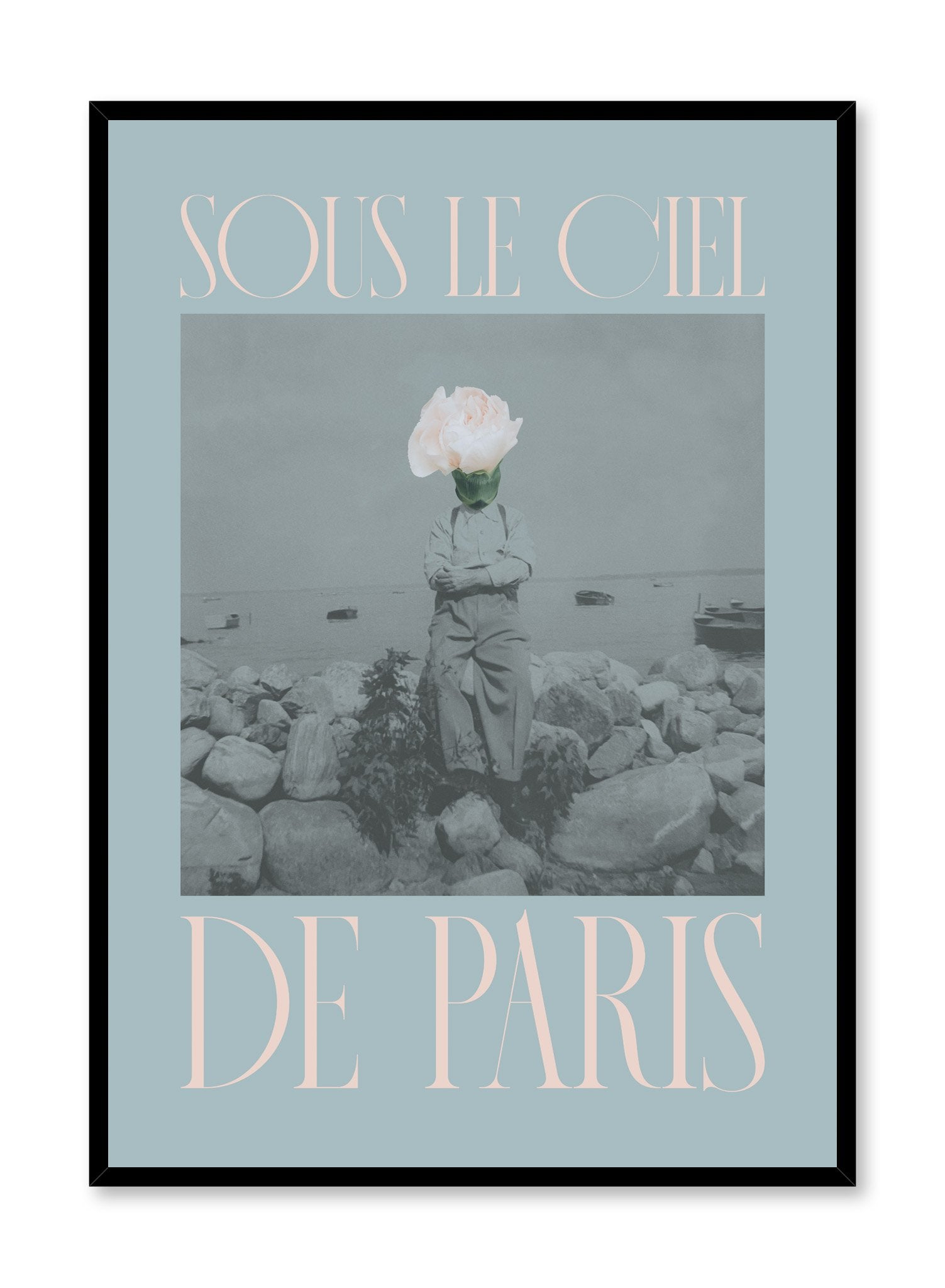 "Under the Paris Sky" is a minimalist blue and pink typography collage poster by Opposite Wall of a deconstructed vintage photography of a man with a pink rose on his head and the words ‘under the paris sky’ in French. 