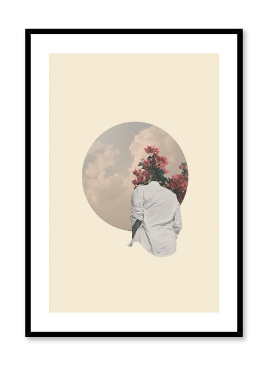 "Cloudy Reverie" is a minimalist beige, blue, fushia and white photo collage poster by Opposite Wall of a cutout floral silhouette looking at a cloudy sky cutout over a beige background.