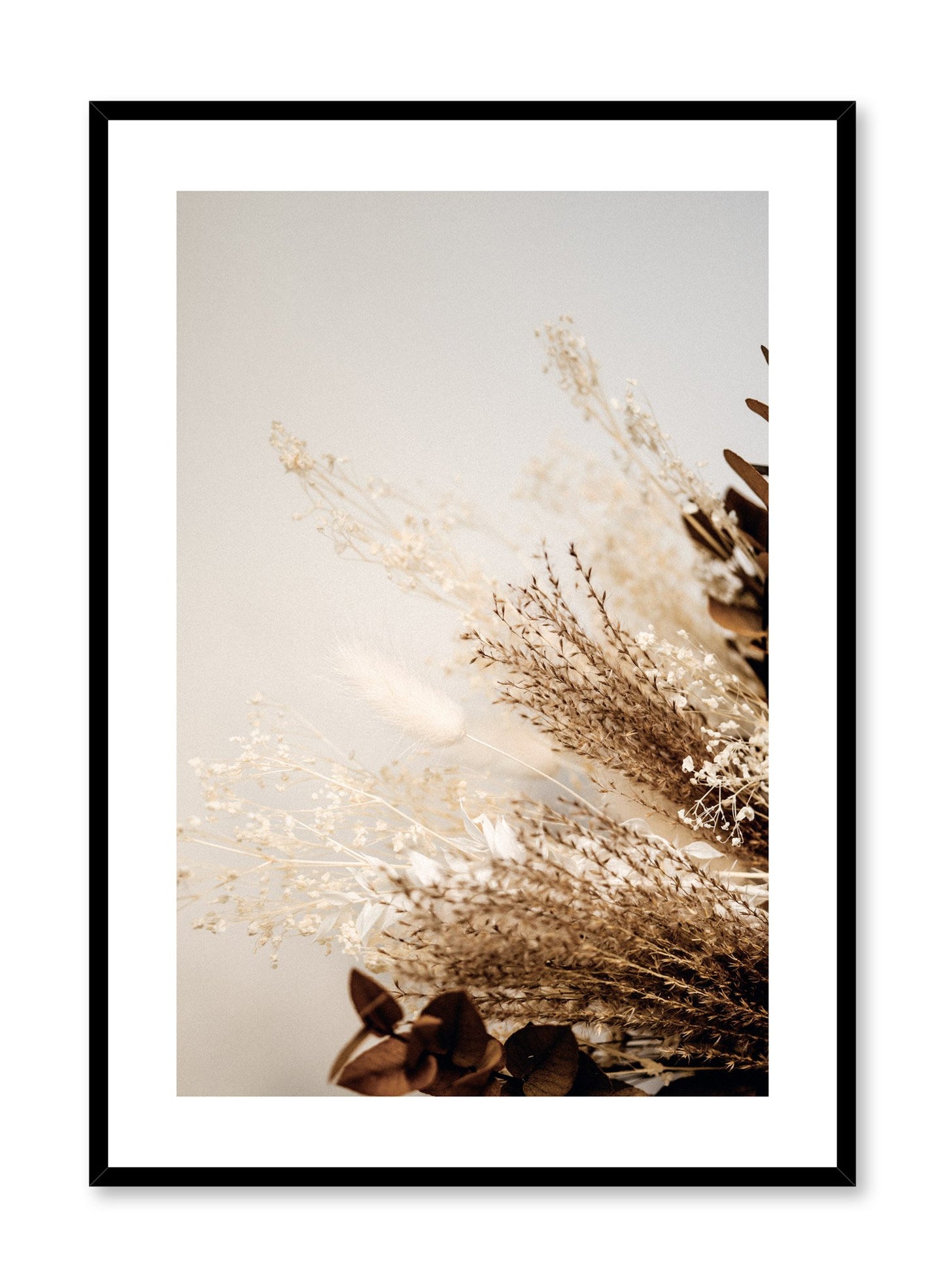 "Autumnal Bouquet" is a botanical photography poster by Opposite Wall of warm toned dried ornamental grasses bouquet including brown and beige leaves and white flowers.