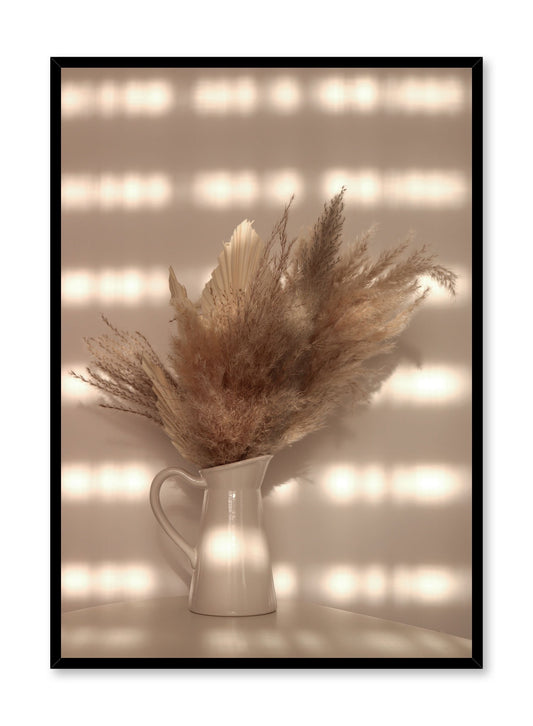 "Radiant Arrangement" is a botanical photography poster by Opposite Wall of a golden dried pampas bouquet in a white vase bathed in sunlight.