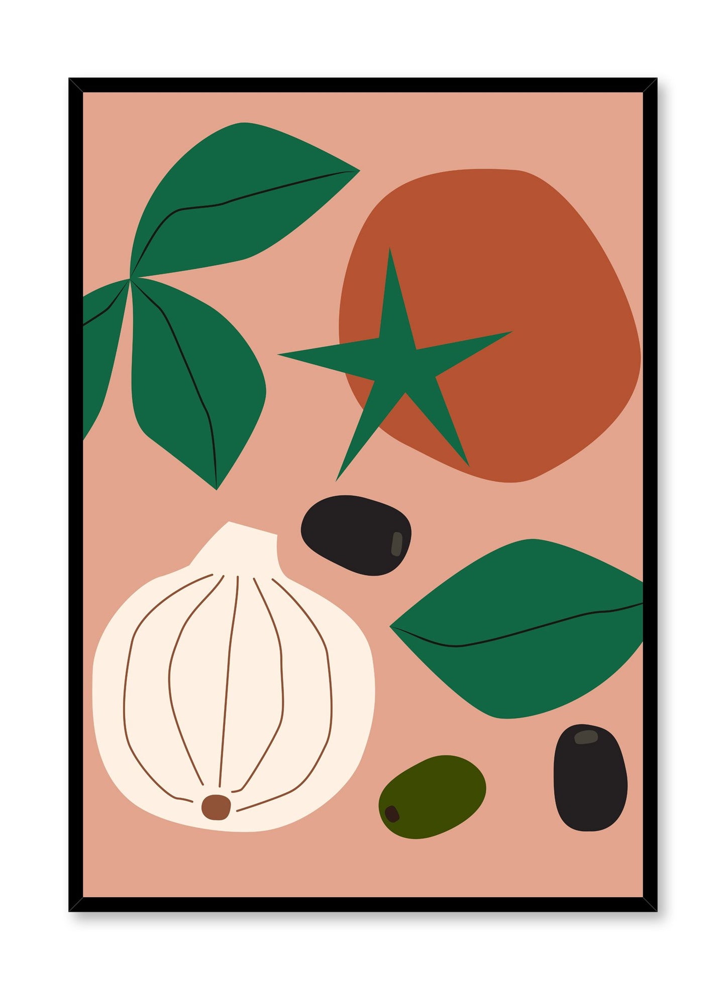 Mangia! is a tomato, basil, garlic and olive illustration poster by Opposite Wall. 