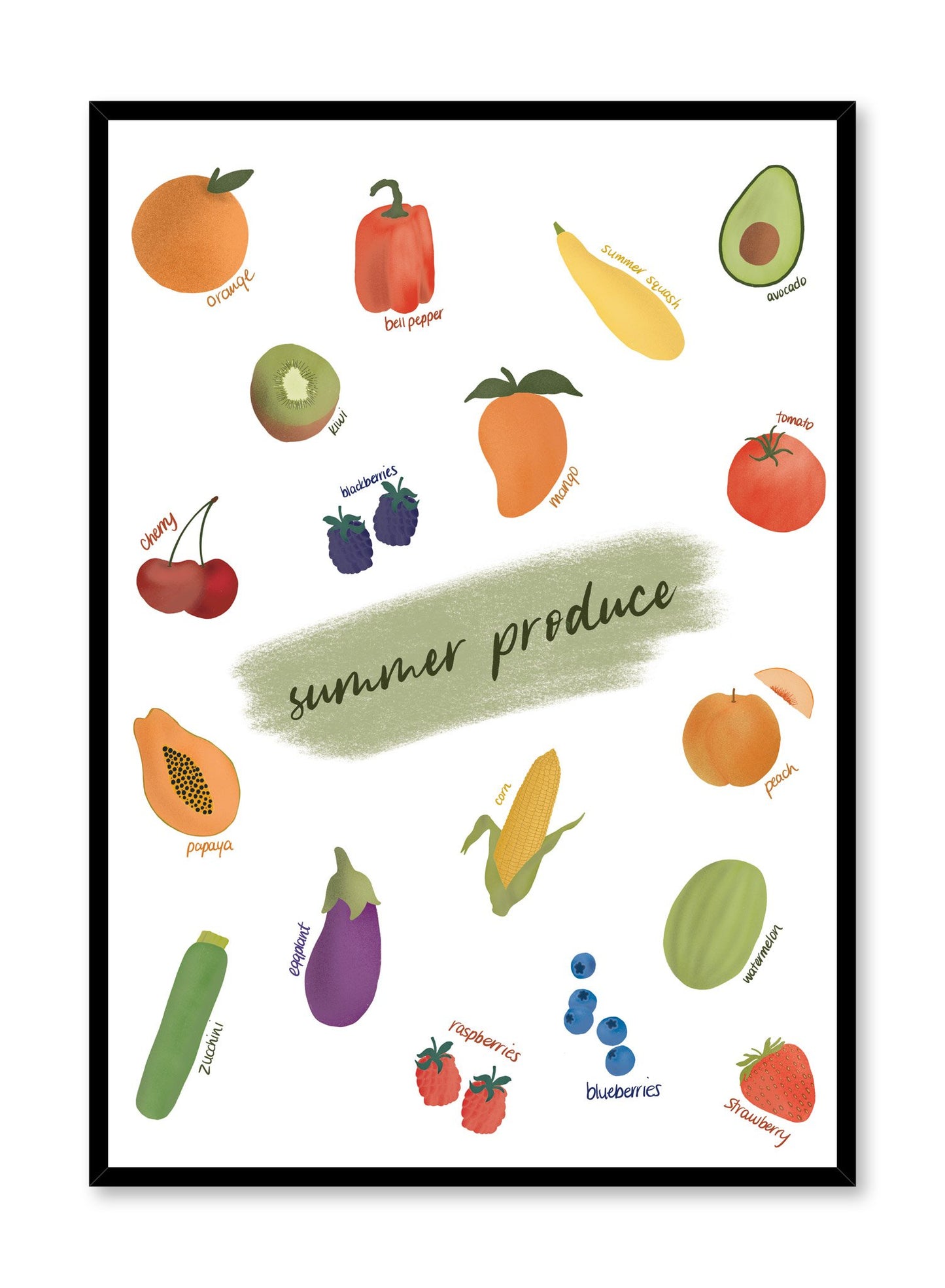 Summer Produce is an illustrated seasonal fruit and vegetable harvest guide poster by Opposite Wall.