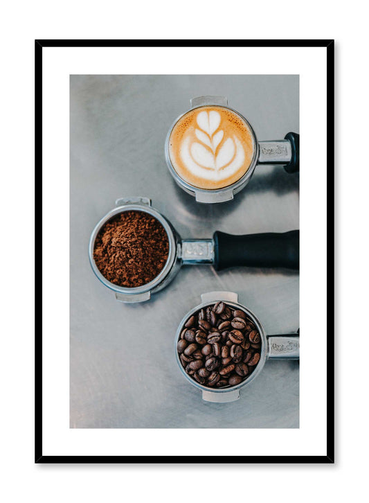 Three Step Masterpiece is a photography of coffee machine handles filled with whole espresso beans, ground coffee and a latte art by Opposite Wall. 