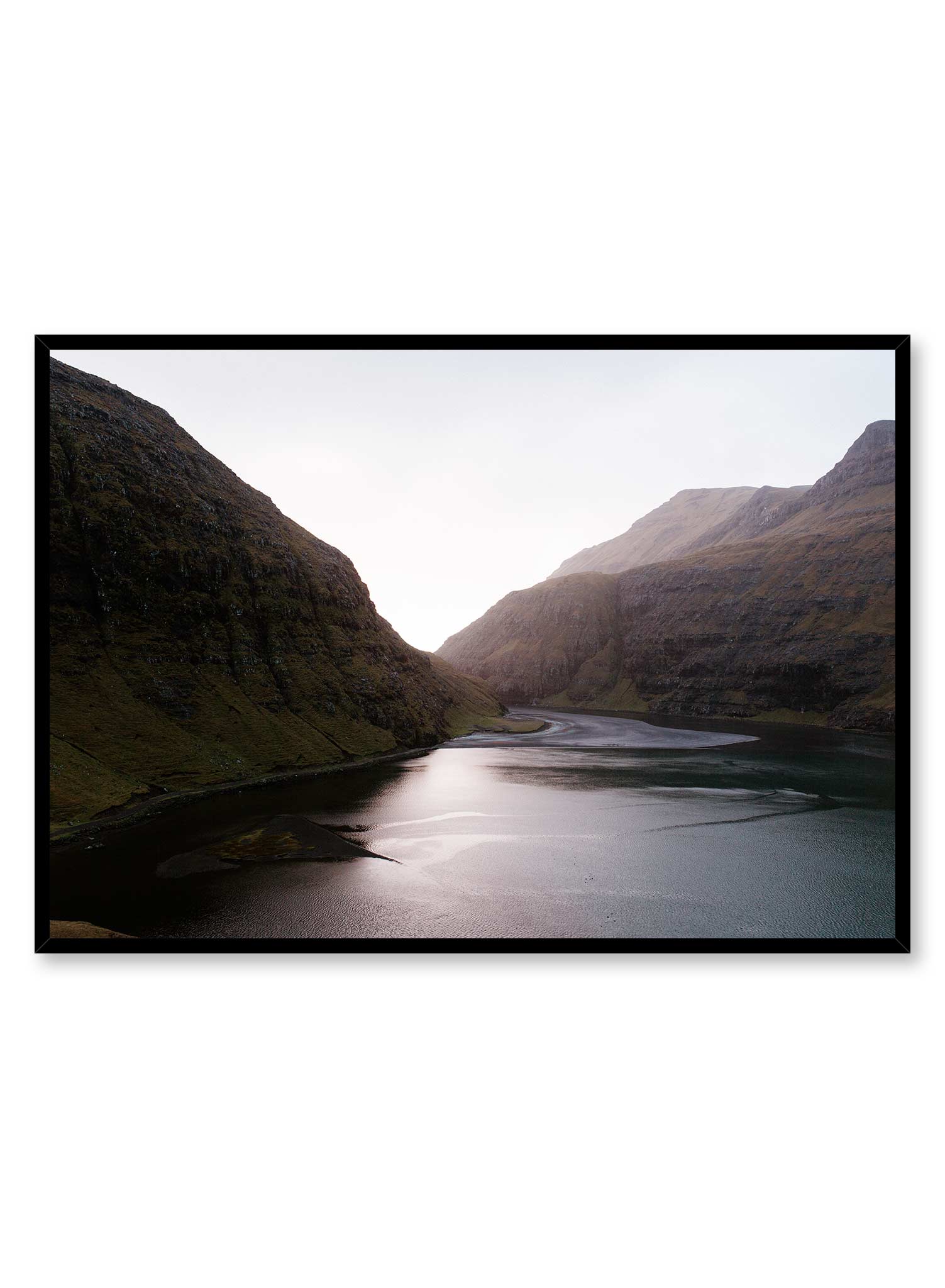Infinite Valley' is a landscape photography poster by Opposite Wall of a calm river passing through tall mountains in the Faroe Islands.