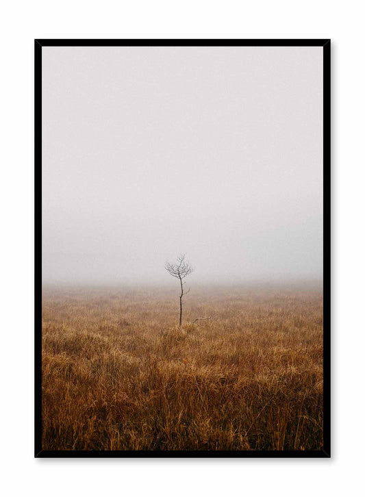 Alone in the Mist' is a landscape photography poster by Opposite Wall of a lone barren tree in the middle of a vast and foggy grass field.