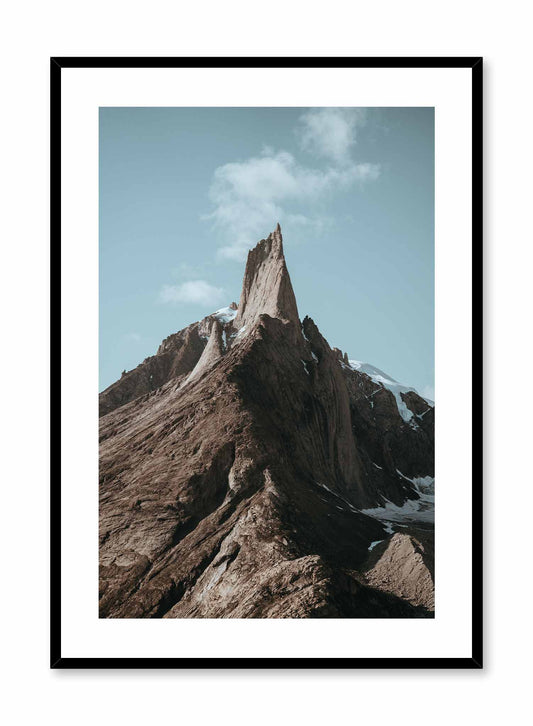 Pinnacle' is landscape photography poster by Opposite Wall of the peak of a tall and snowy rocky mountain under a clear blue sky.