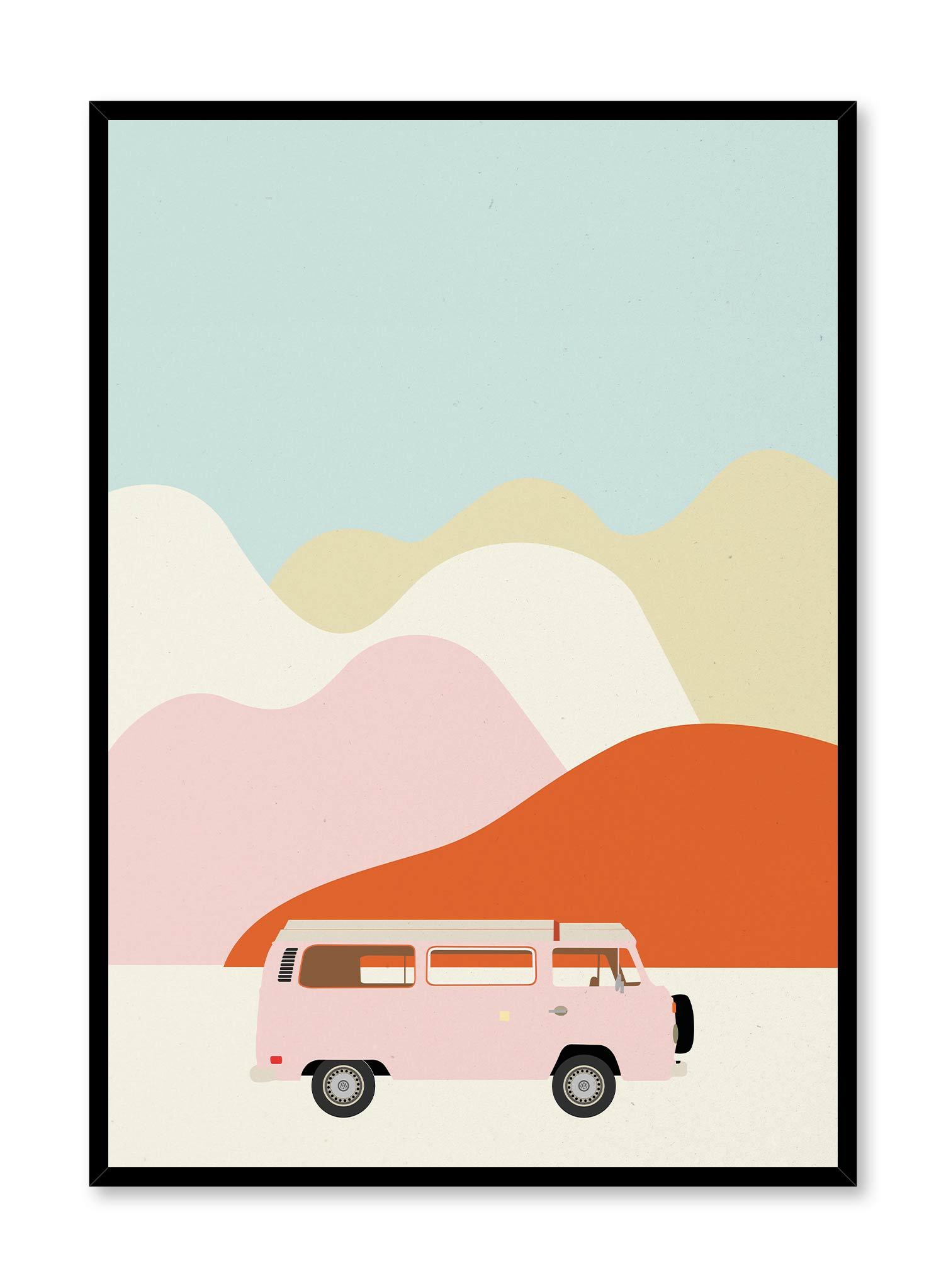 Psychedelic Road Trip is a colourful illustration poster of a pink retro van by Opposite Wall.