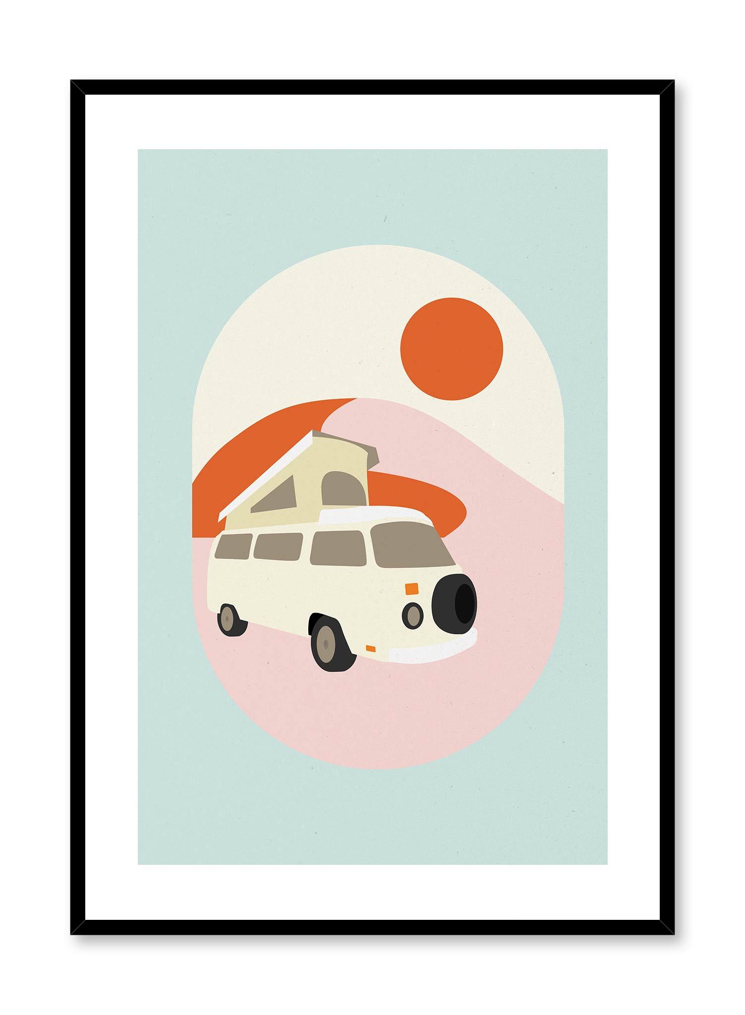 Life on the Road is a minimalist illustration poster of a colourful RV by Opposite Wall.