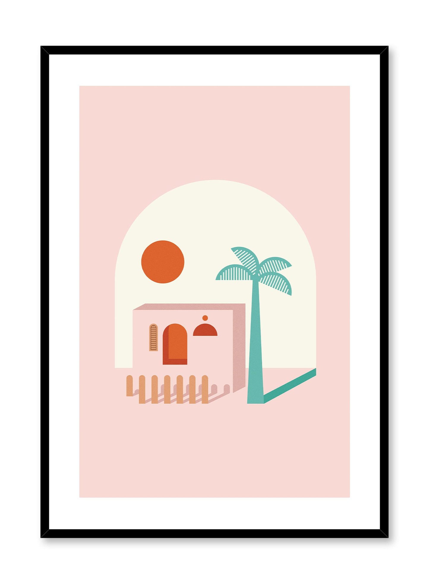 A Place in the Sun is a minimalist illustration poster of a pink beach house by Opposite Wall.