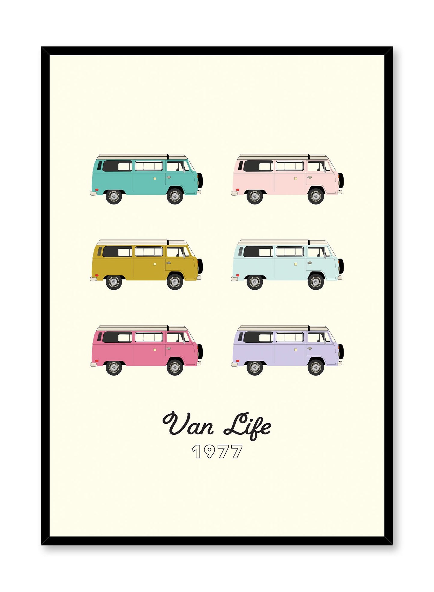 Van Life is minimalist illustration poster of six retro Winnebago vans by Opposite Wall.
