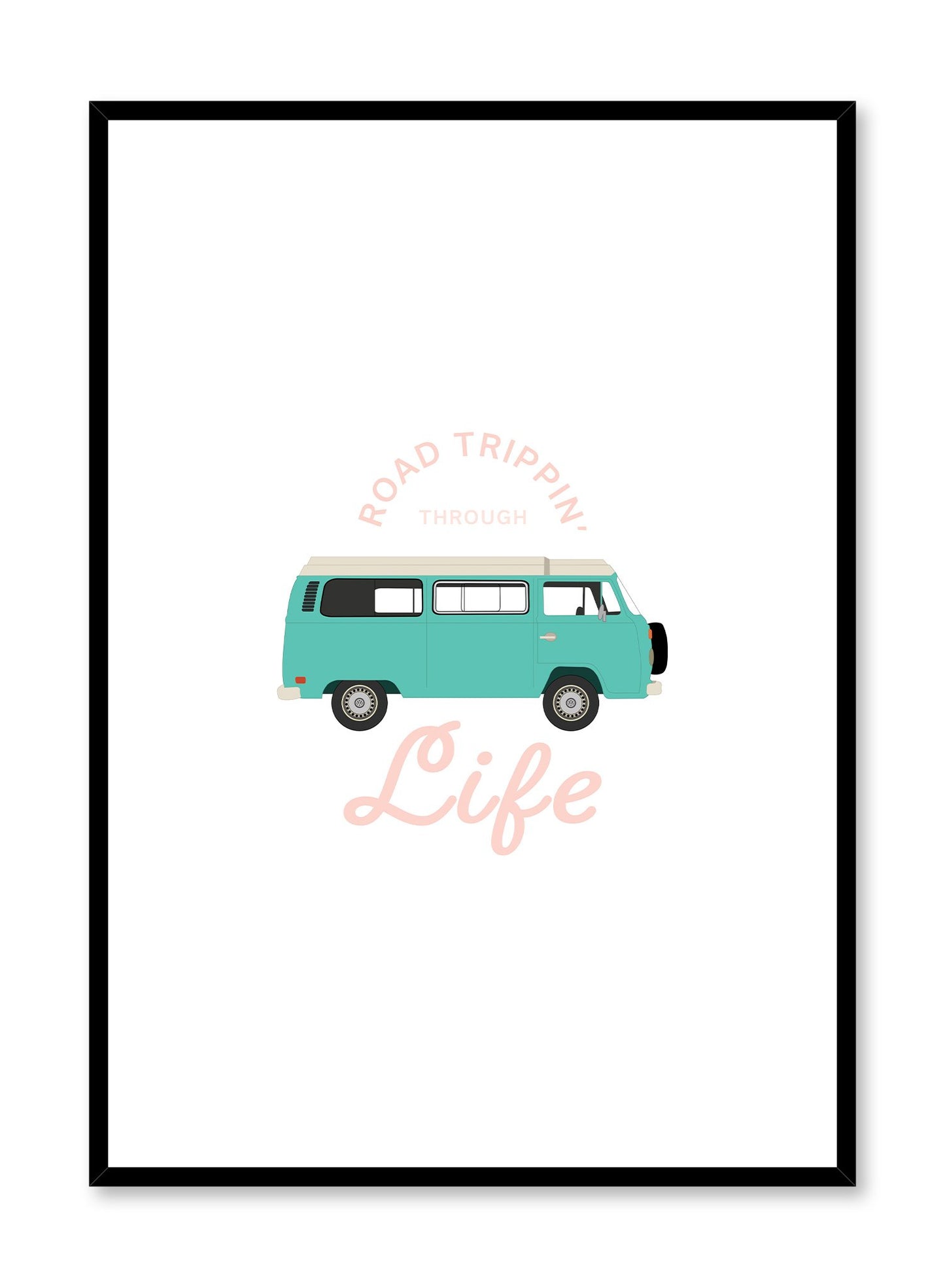 Road Trippin’ is a minimalist illustration poster of a teal Winnebago van by Opposite Wall.