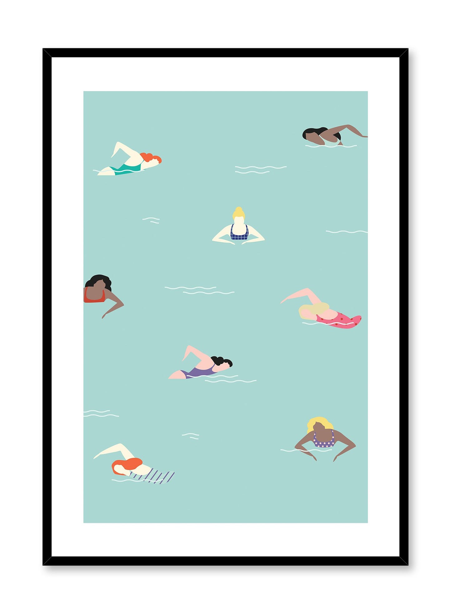Just Keep Swimming is a retro illustration poster of swimming women by Opposite Wall.