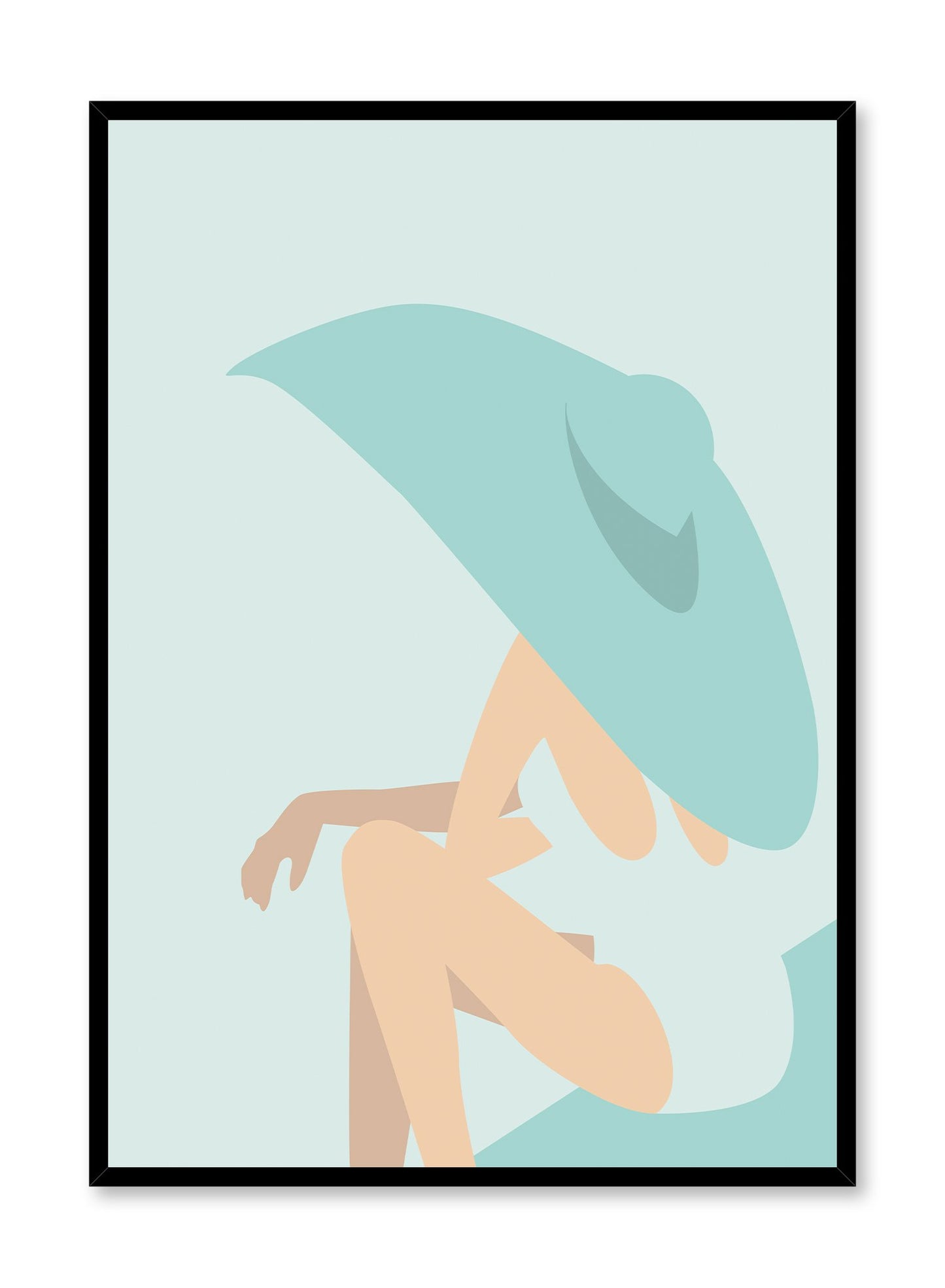 Poolside Diva in Aqua is a minimalist illustration poster of a woman sitting and wearing a large sunhat by Opposite Wall.