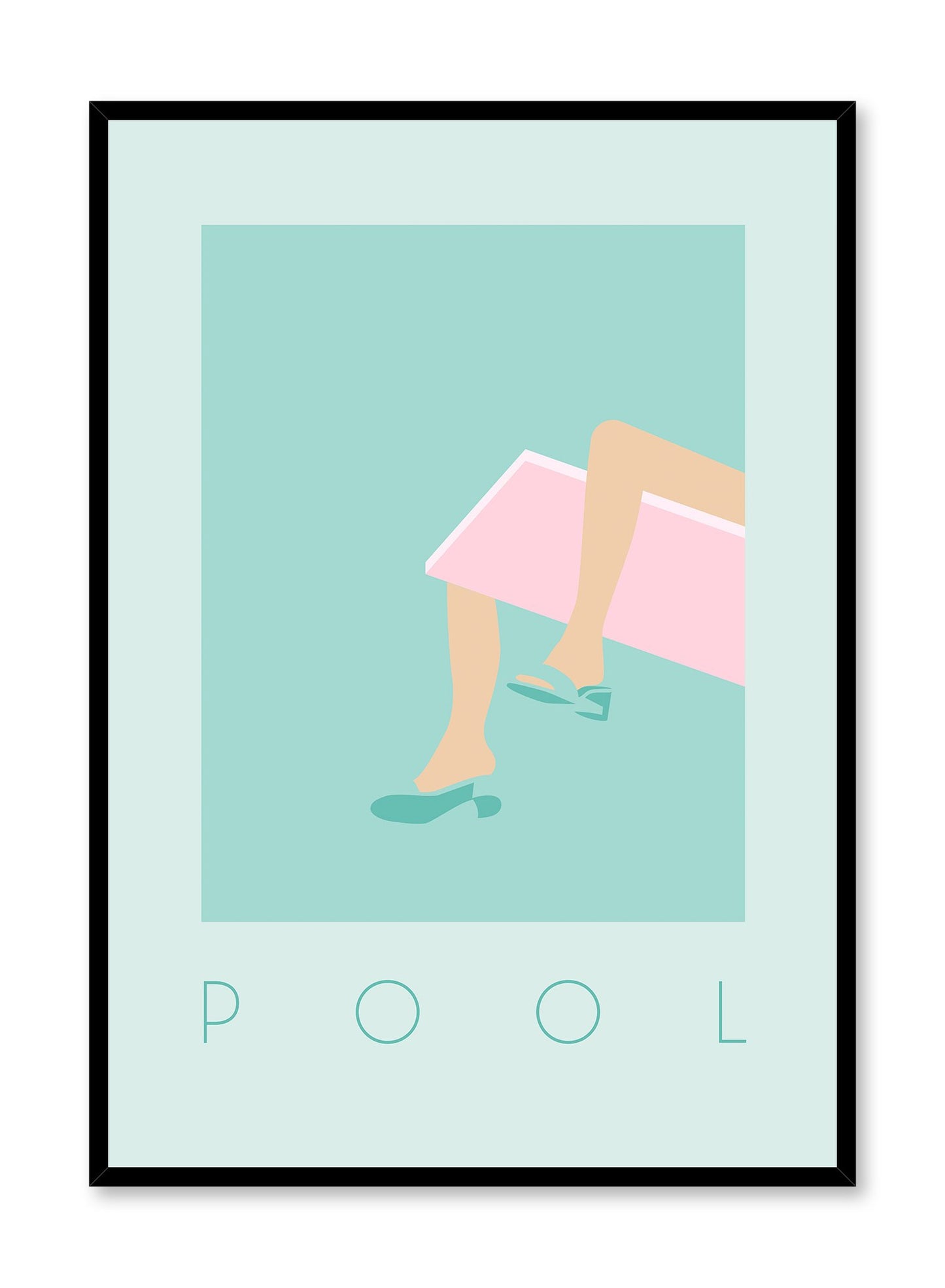 Summer Throne is a minimalist illustration poster of a woman wearing high heels while sitting on a diving board by Opposite Wall.