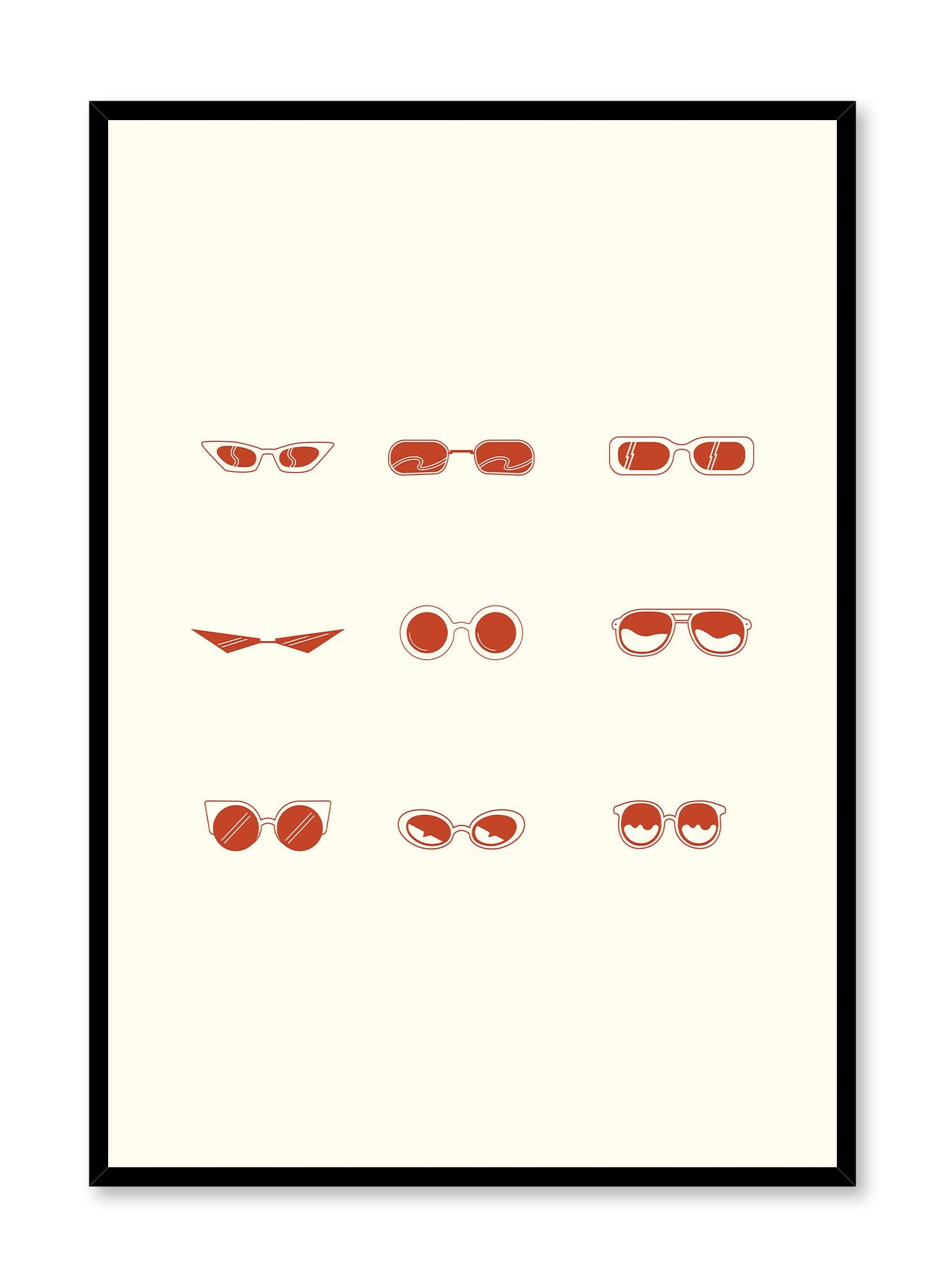 Cool Shades is a minimalist illustration poster of nine pairs of sunglasses by Opposite Wall.