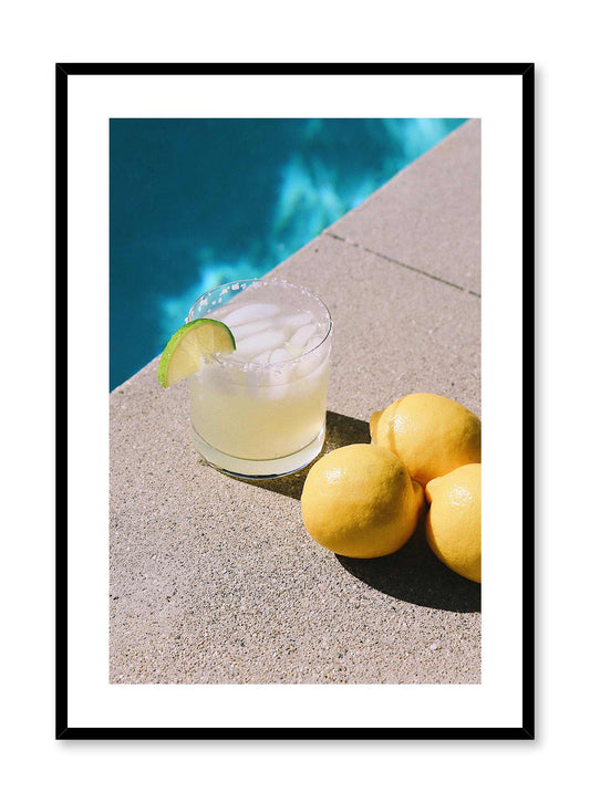 Summer Sip is a minimalist photography poster of a glass of cocktail next to lemons by Opposite Wall.