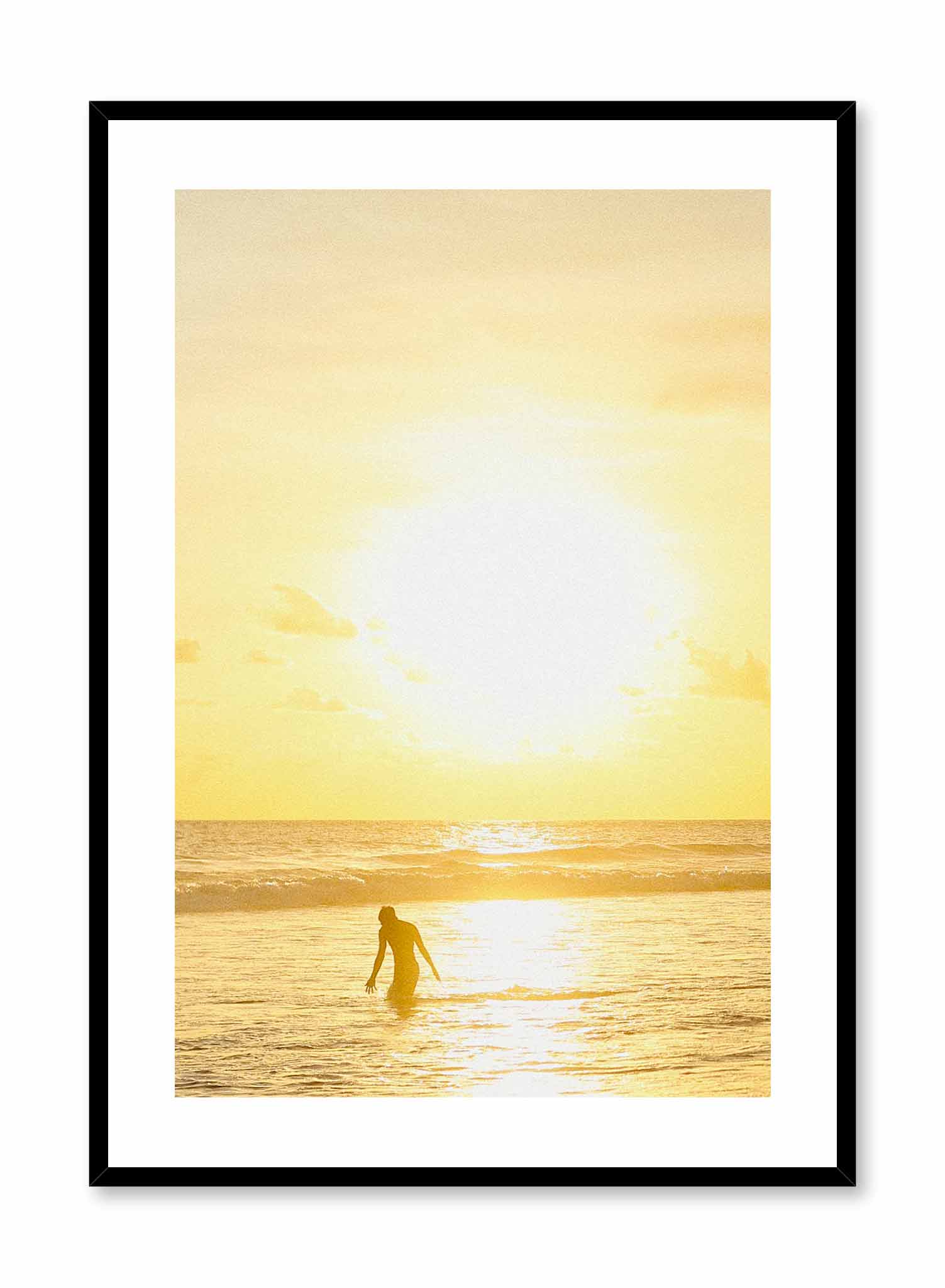 Golden Day is a minimalist lifestyle photography poster of a blinding sunset setting over the sea by Opposite Wall.
