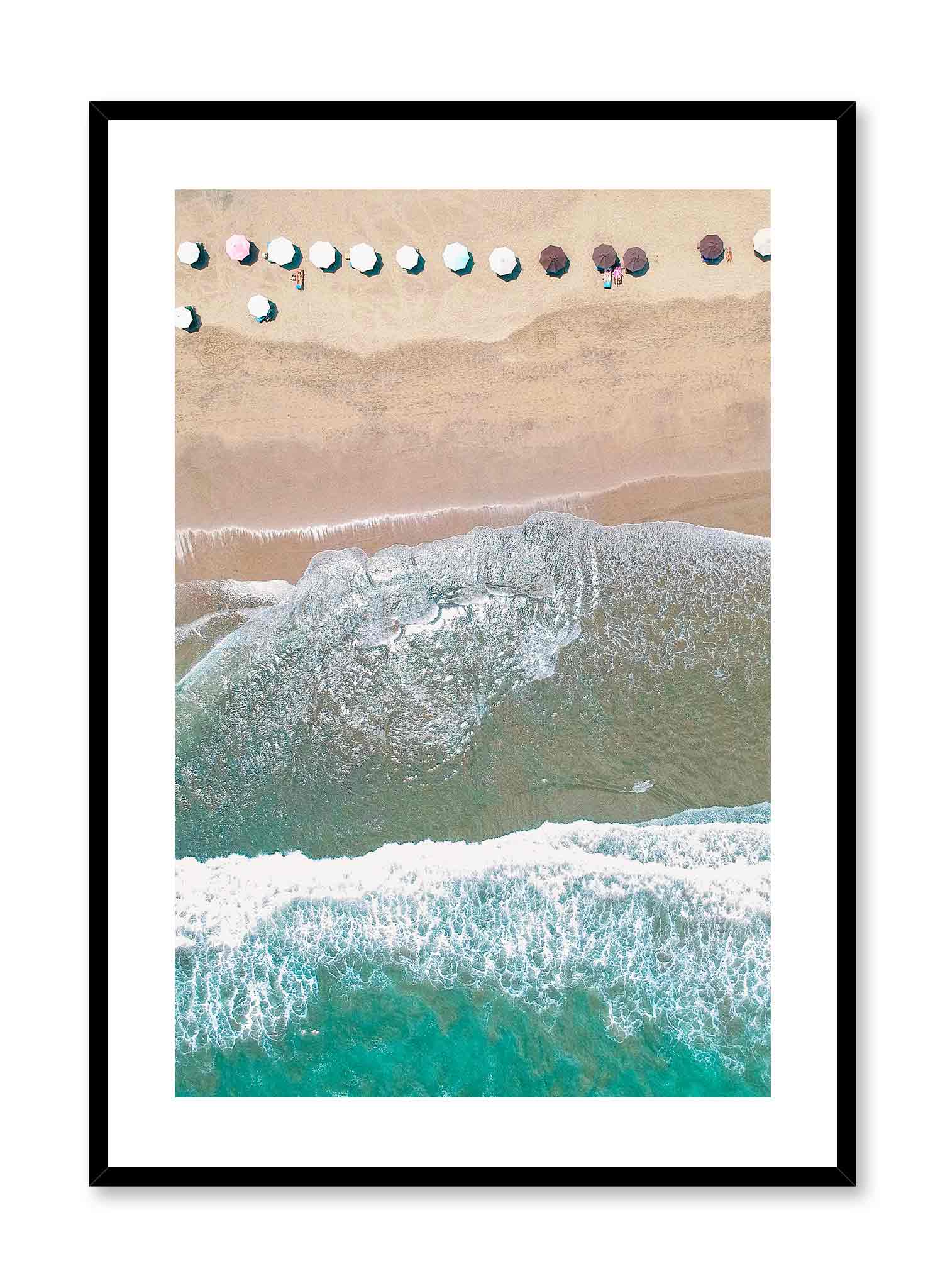 Beach Day is a minimalist photography poster of a bird view of a beach filled with parasols by Opposite Wall.