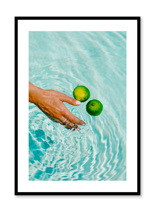 Zesty Pool is a minimalist photography poster of a hand pushing two limes in a pool by Opposite Wall.