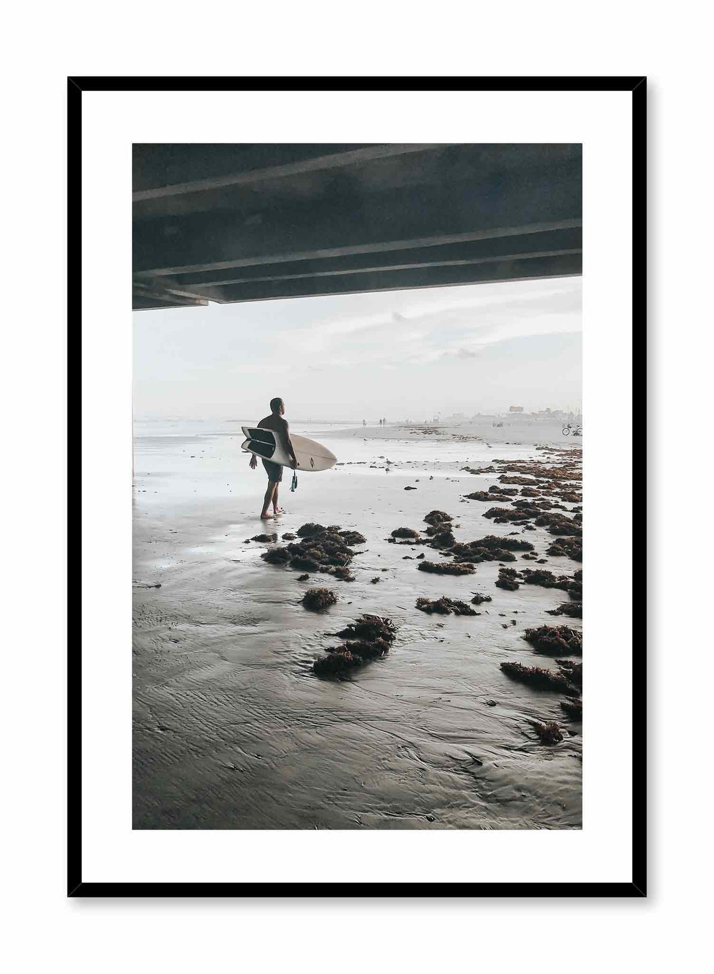 Surf Morning is a summer photography poster of a surfer carrying his surfboard under a bridge by Opposite Wall.