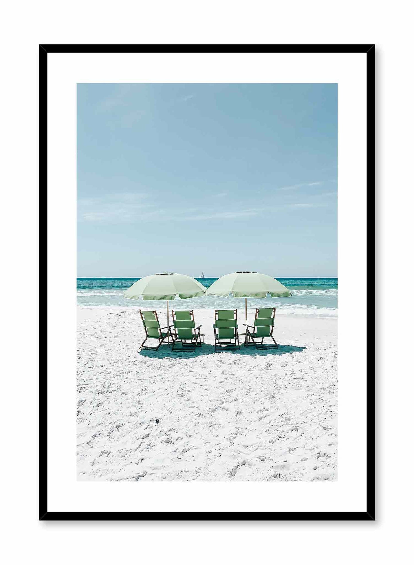 Just Chilling is a beach photography poster of beach chairs under parasols on a white sandy beach by Opposite Wall.