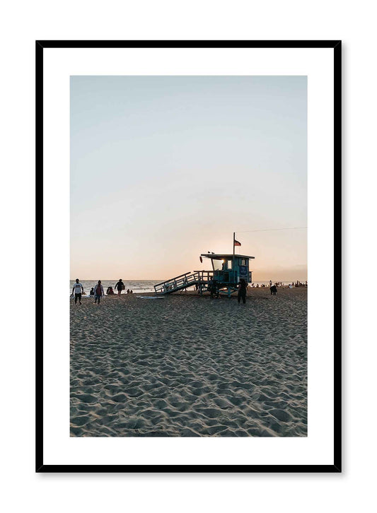 Beach Exit is a summer photography poster of a sandy beach at dusk featuring a lifeguard tower by Opposite Wall.
