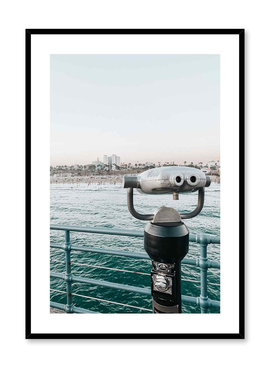 Beachside Binoculars is a relaxing photography poster of binoculars pointing a seashore landscape by Opposite Wall.