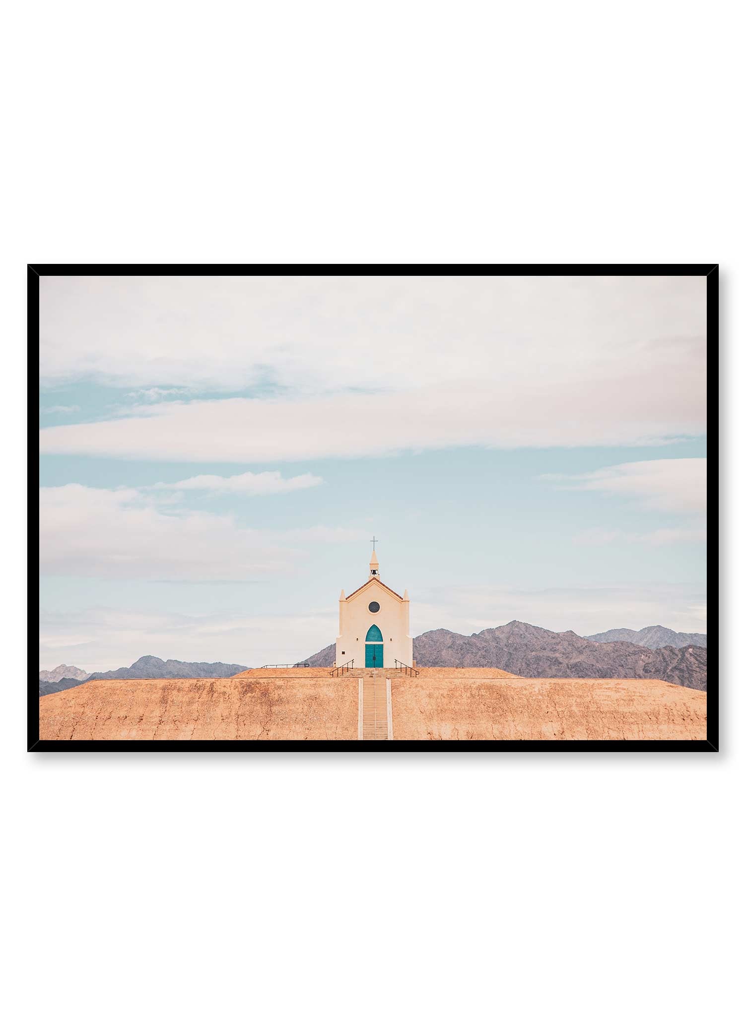 Upstairs is a photography poster of a quaint rustic chapel by Opposite Wall.