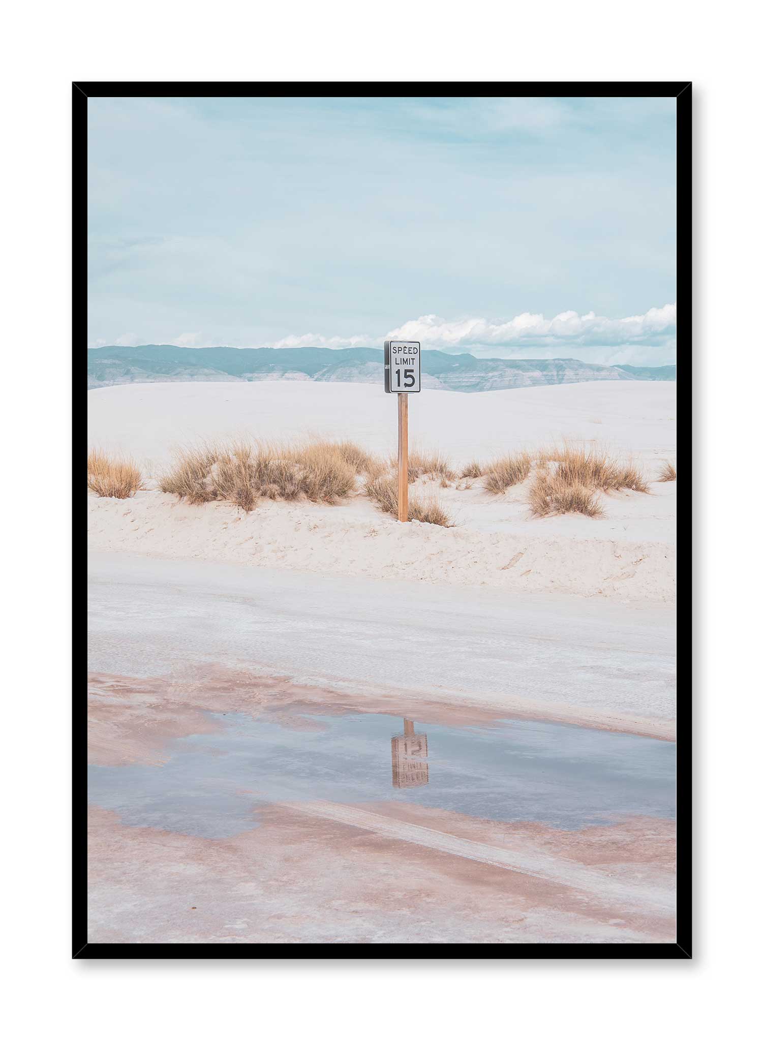 Mirage is a landscape photography poster of a desert road and a sandy horizon by Opposite Wall.