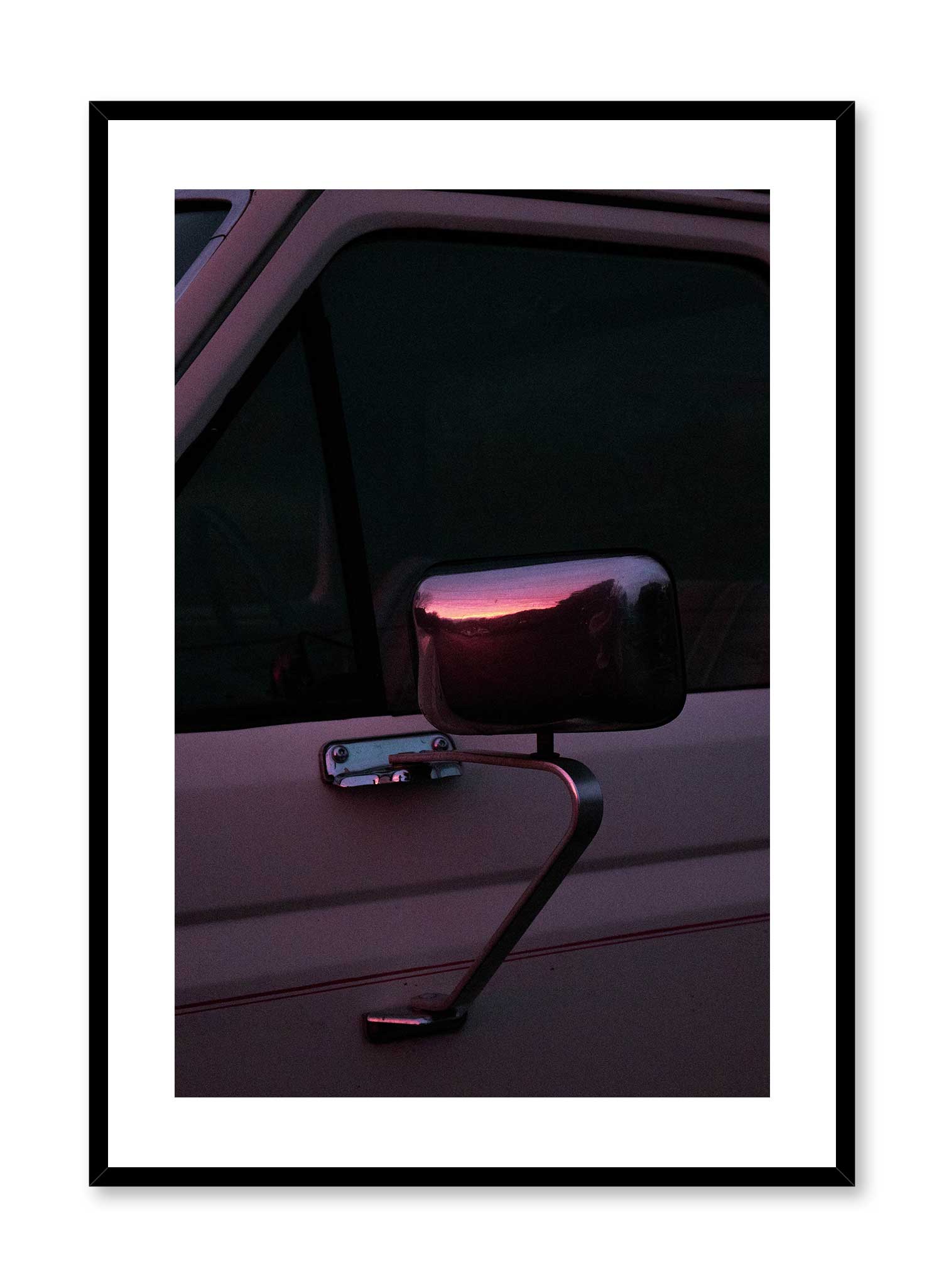 Rearview Sunset is a photography poster of a sunset reflecting on the rearview mirror of a retro car by Opposite Wall.