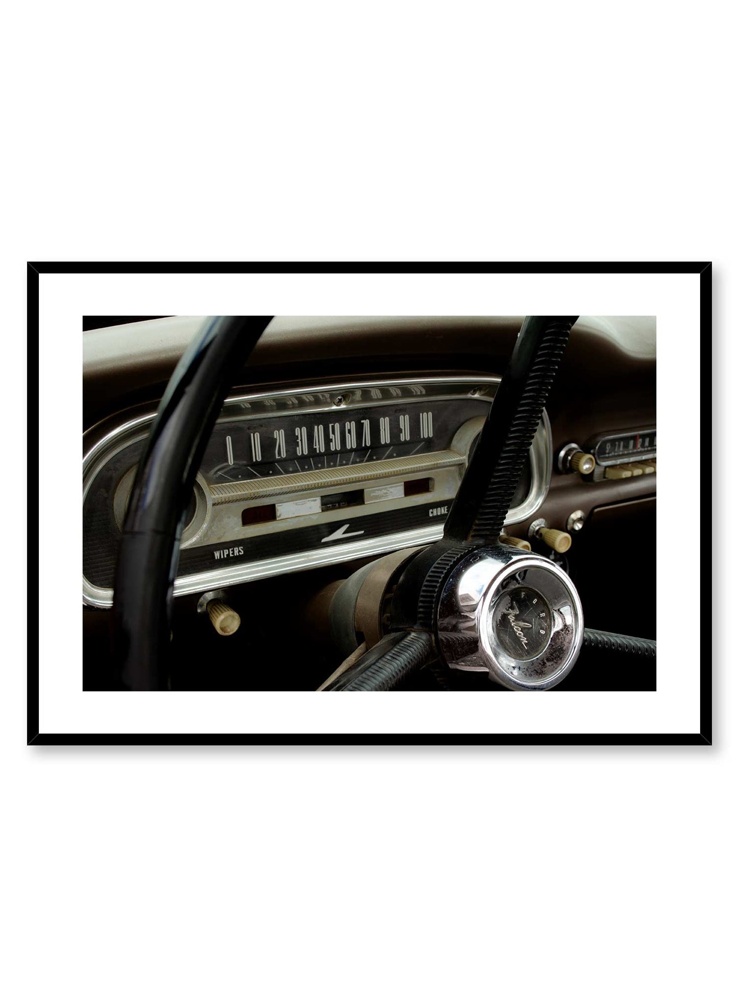 Beep Beep! is a vintage photography poster of a 60's Ford Falcon's steering wheel and dashboard by Opposite Wall.